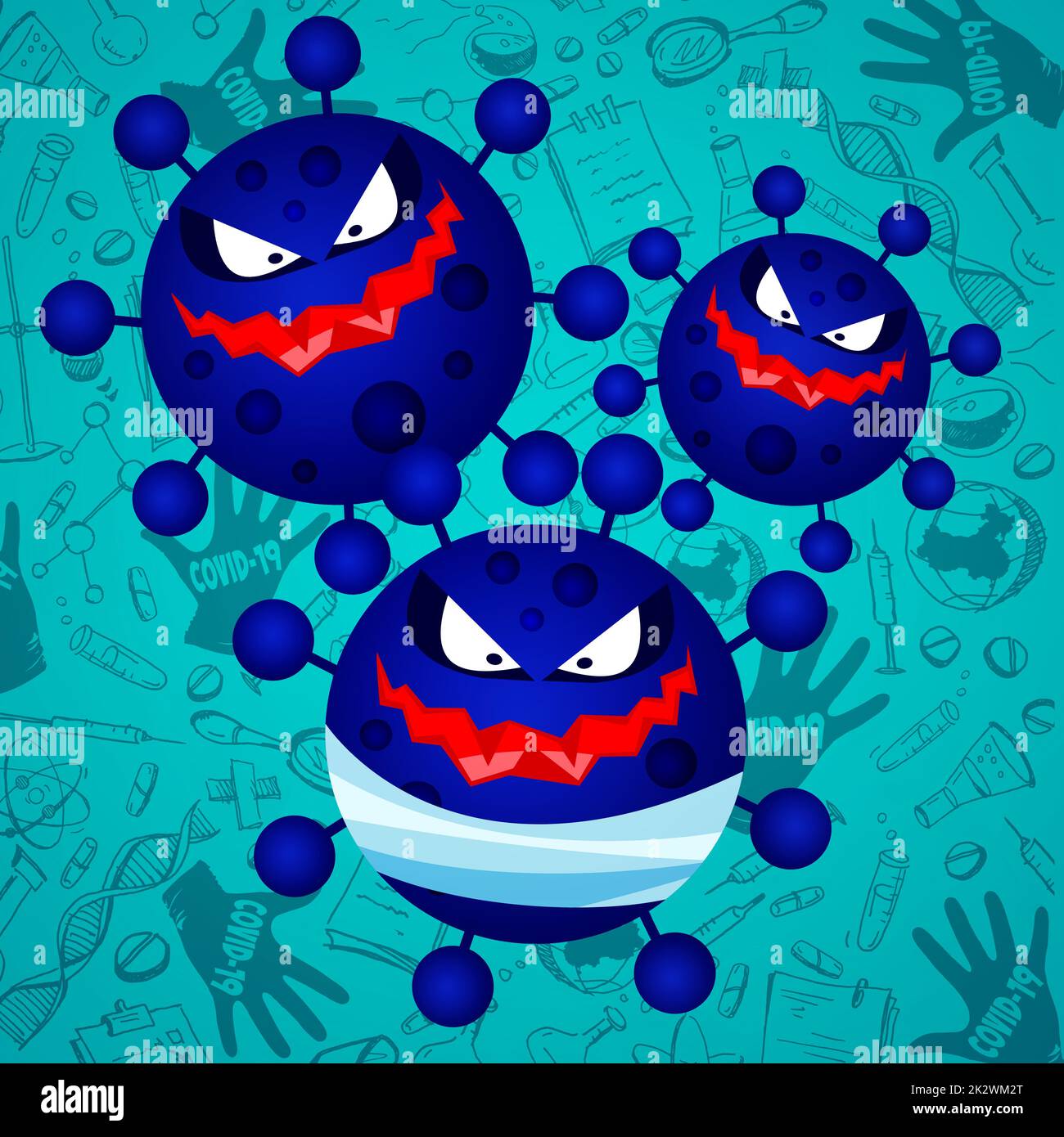 Lustige Covid-19 Zelle mit offenem Mund und einer Krone auf dem Kopf. 3D Abbildung Stockfoto