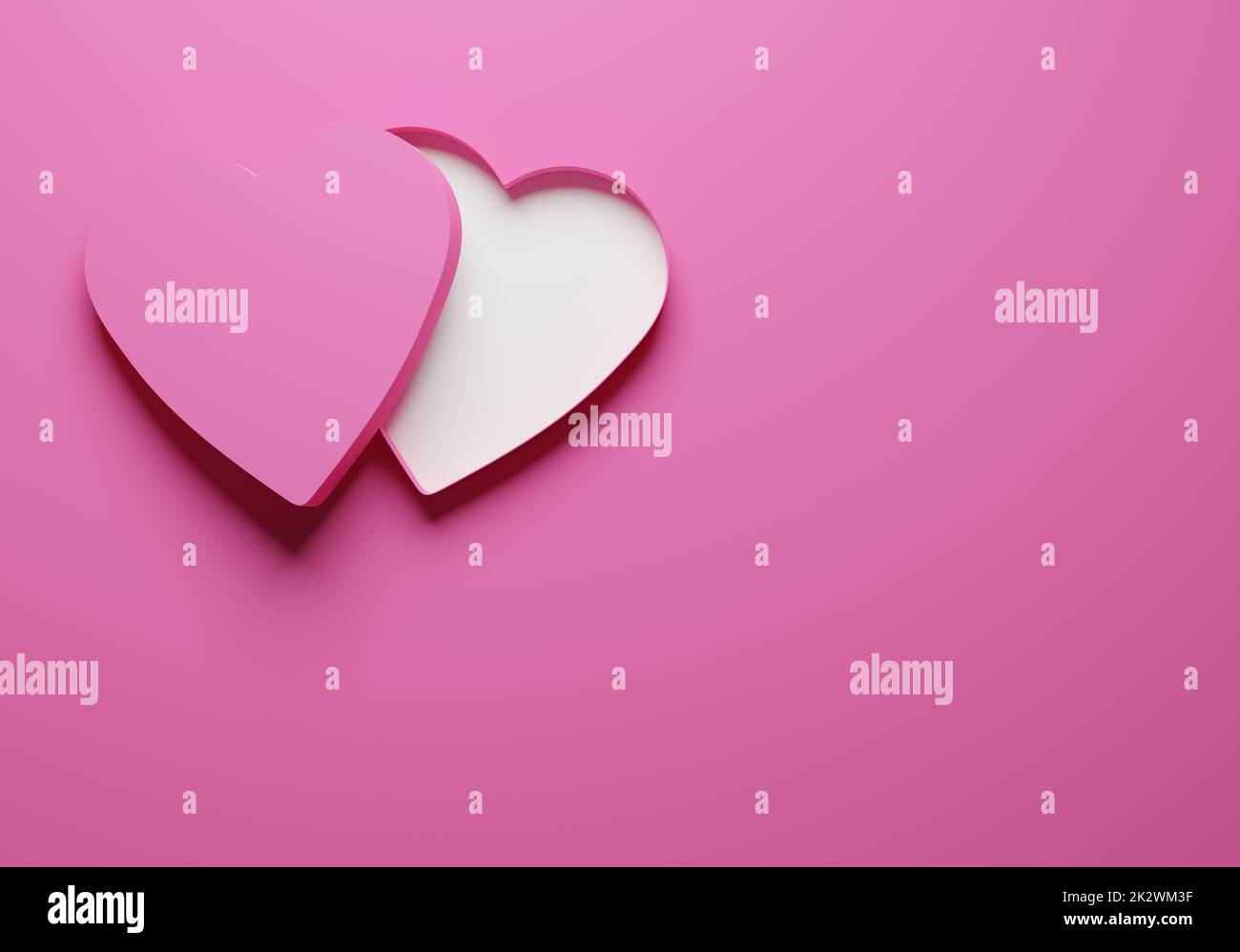 Offene rosafarbene Geschenkbox oder -Packung in Herzform auf pinkfarbenem Hintergrund Stockfoto