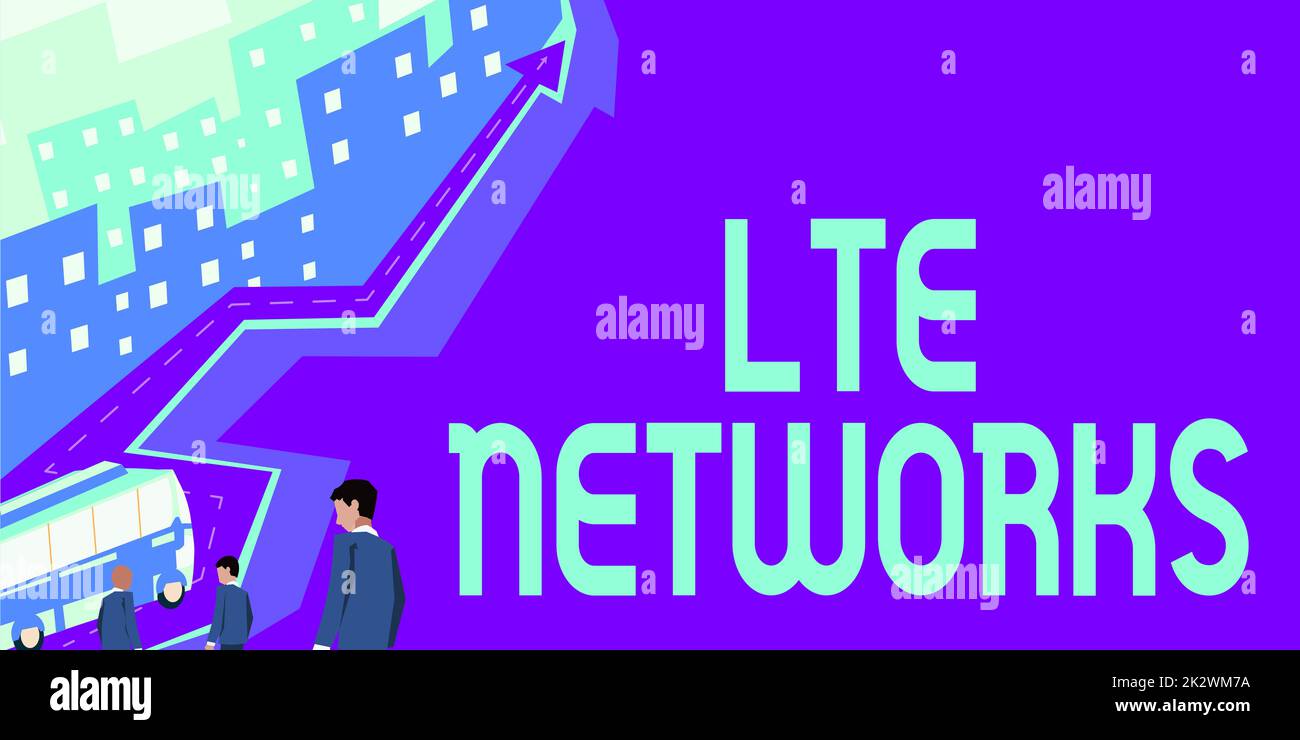 Inspiration mit Zeichen von LTE Networks. Wort für schnellste Netzwerkverbindung, die für drahtlose Kommunikation verfügbar Ist Eine Gruppe von Geschäftsleuten, die in einem Bus auf dem Weg zum Erfolg und Wachstum fahren. Stockfoto