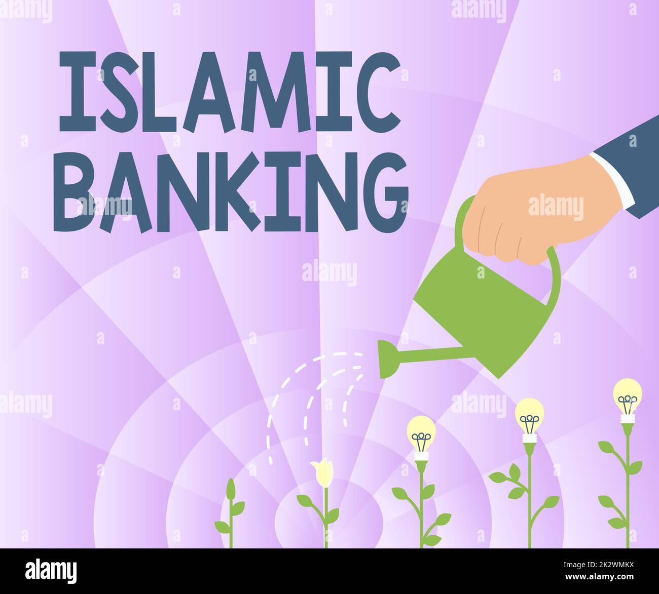 Text mit Inspiration Islamic Banking. Konzept bedeutet Bankensystem basierend auf den Prinzipien des islamischen Rechts Hand halten Wasserkanister Bewässerung Pflanzen wachsen neueste Projektideen. Stockfoto