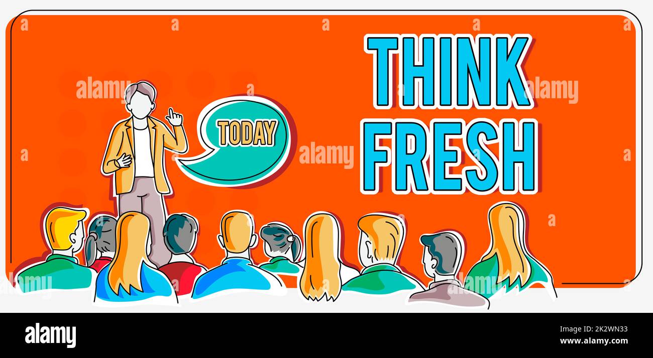 Textbeschriftung präsentiert „Think Fresh“. Konzeptionelles Foto Denken über natürliche Inhaltsstoffe positive Umgebung Person, die eine Präsentation mit den neuesten Geschäftsstrategien hält. Stockfoto