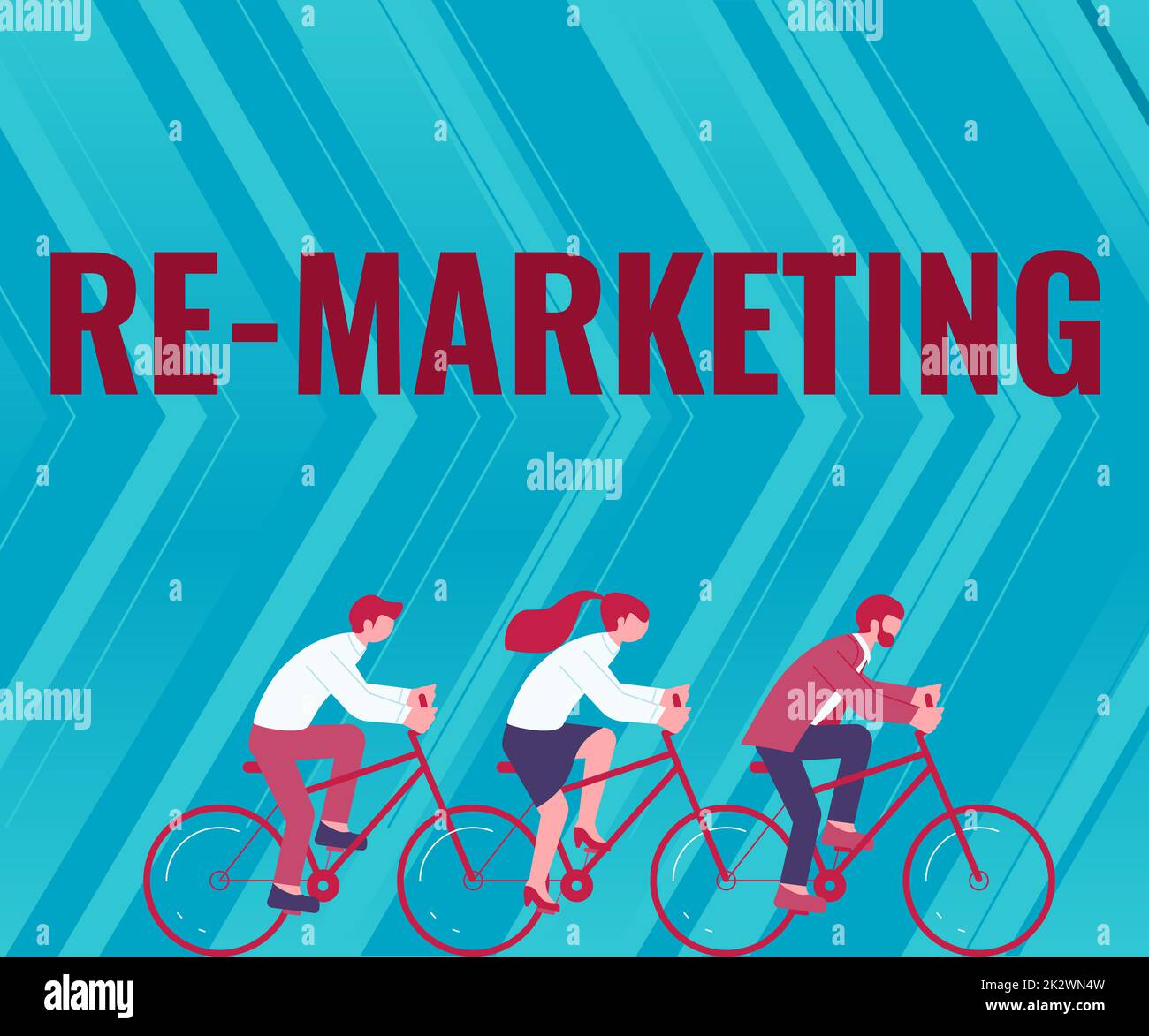 Konzeptionelle Überschrift Re Marketing. Internetkonzept Strategie, um potenzielle Kunden auf Ihrer Website zu erreichen drei Kollegen Fahrrad fahren, die für erfolgreiche Teamarbeit stehen. Stockfoto