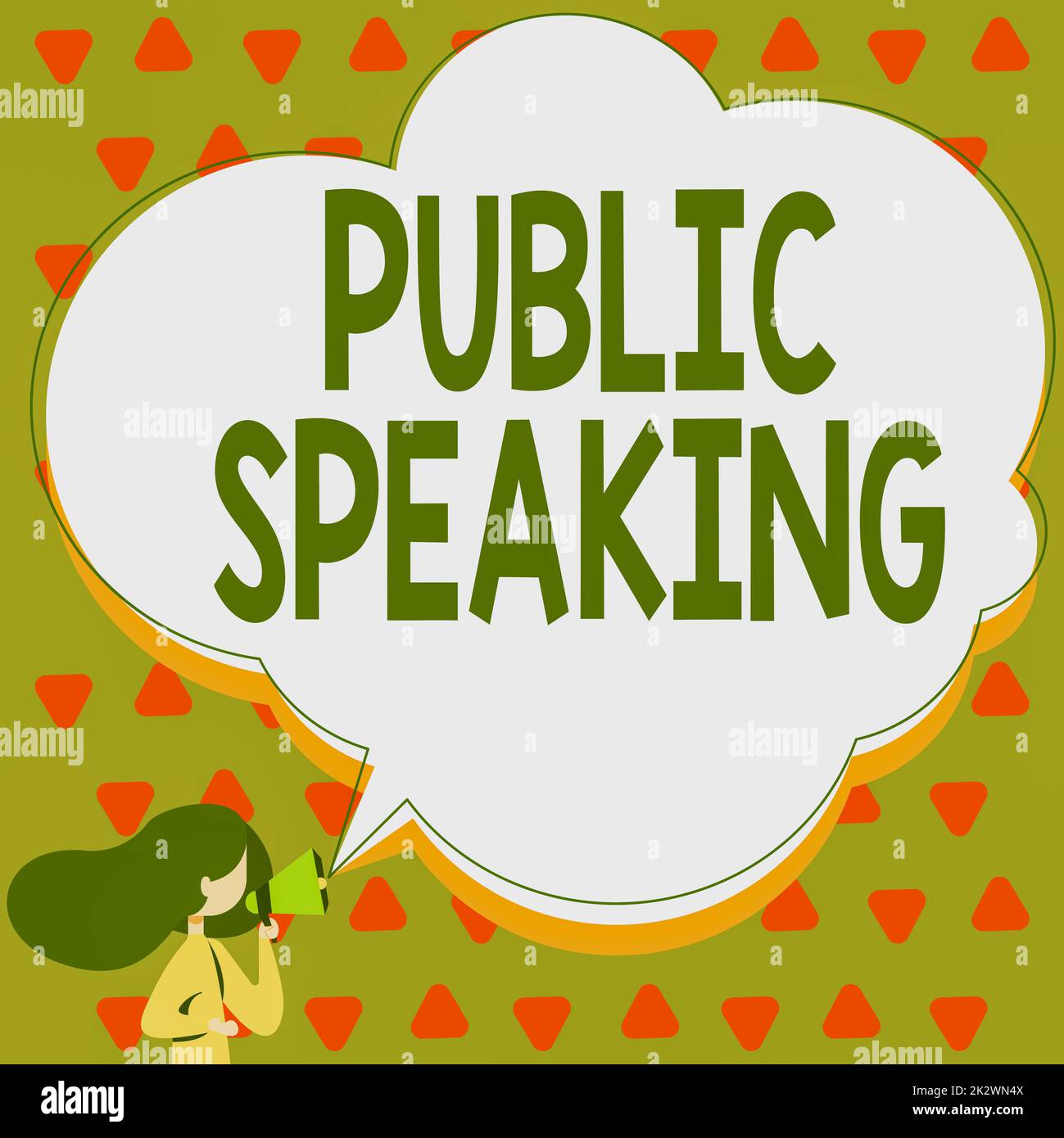 Schild mit der Aufschrift Public Speaking. Konzeptionelles Fotogespräch zeigt die Phase in der Subject Conference Präsentation Frau spricht durch Megaphone Ankündigung mit Sprechblase. Stockfoto