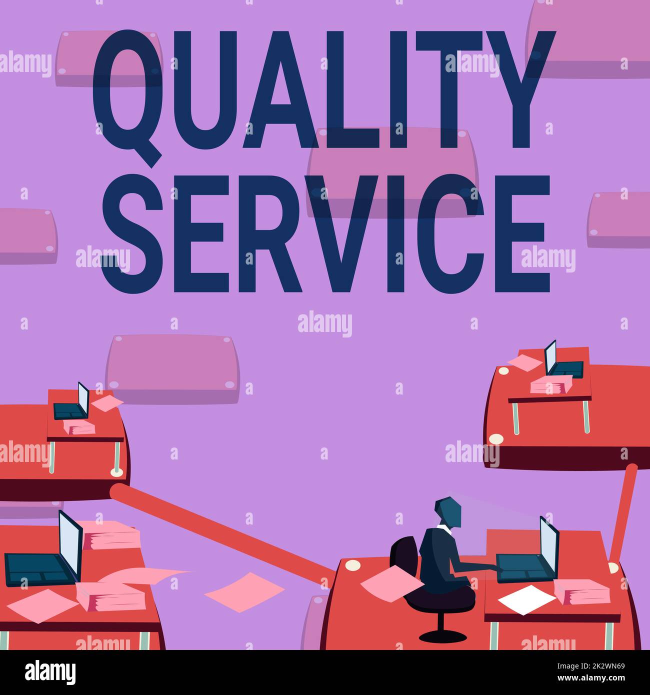 Handgeschriebenes Schild Quality Service. Geschäftsansatz wie gut erbrachte Dienstleistungen den Kundenerwartungen entsprechen männlicher Büroangestellter nutzt Technologie verfügbares Büromaterial. Stockfoto