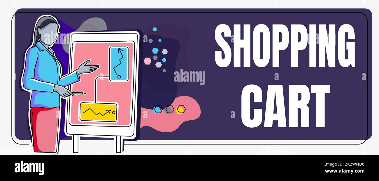 Textzeichen mit Warenkorb. Geschäftsüberblick Case Trolley Carry Groceries and Merchandise Lady Stehend Front Backdrop Präsentation Erreichen der Projektziele. Stockfoto