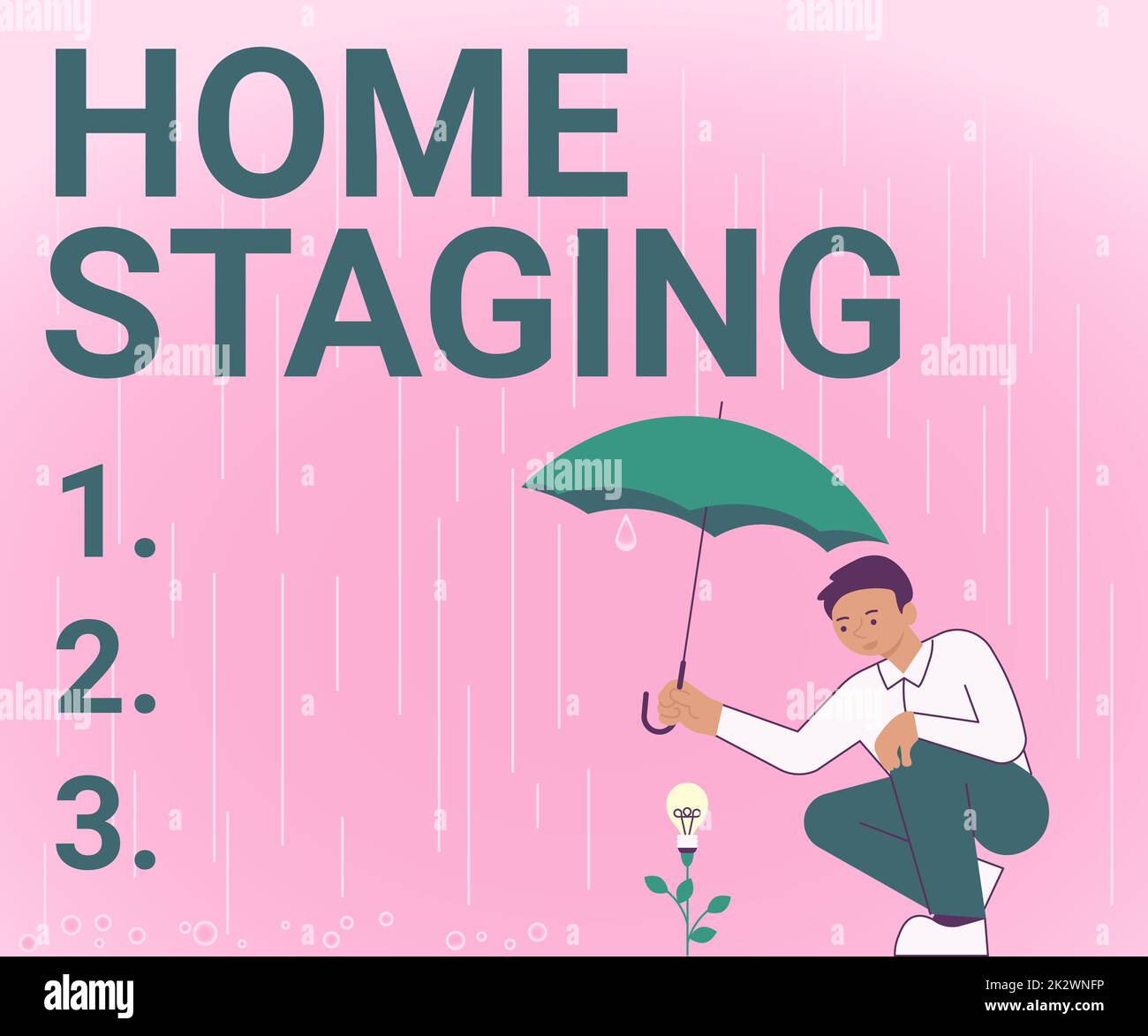 Inspiration mit dem Schild „Home Staging“. Konzeptfoto-Gesetz zur Vorbereitung einer Privatresidenz zum Verkauf auf dem Markt Gentleman Holding Umbrella Growing Flower Presentation Newest Project Ideas. Stockfoto