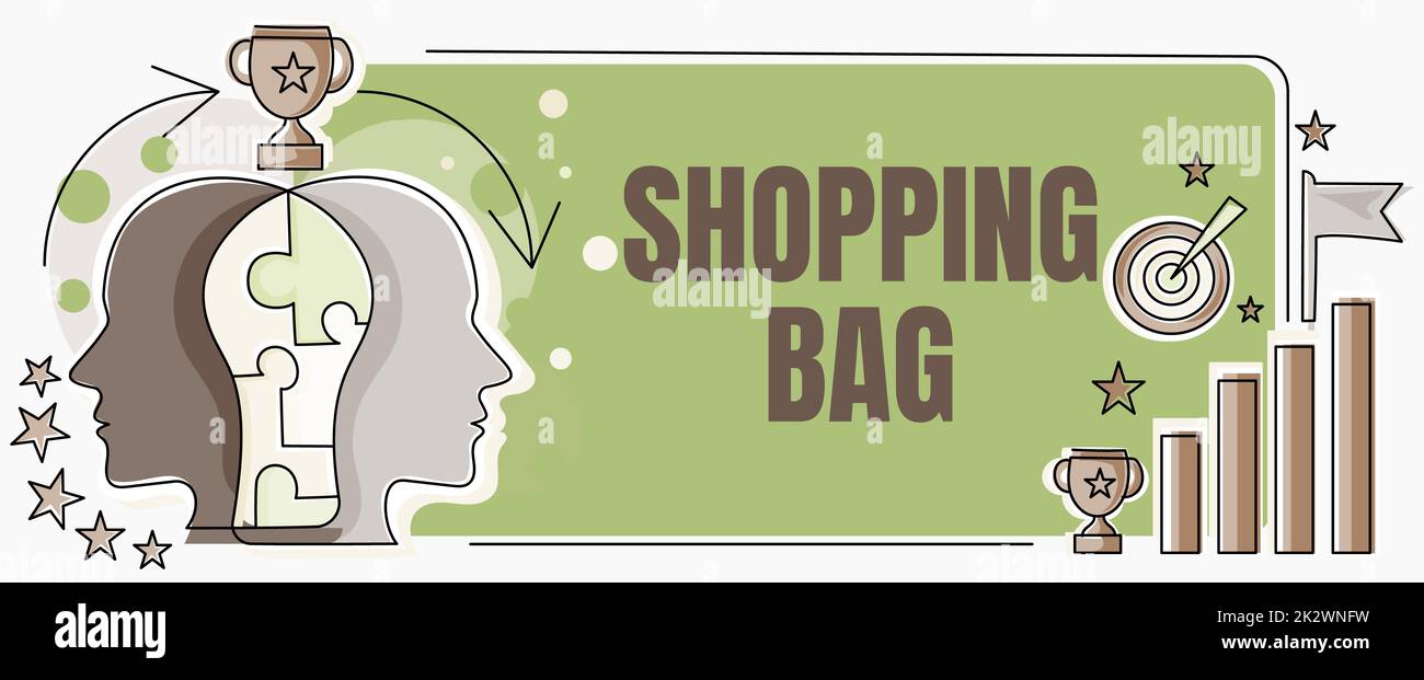 Inspiration mit Schild-Einkaufstasche. Container für Geschäftsübersichten zum Mitführen von persönlichen Gegenständen oder zum Kauf von zwei Köpfen verbundenes Puzzle „Problemlösung“ und „Erfolg teilen“ Stockfoto