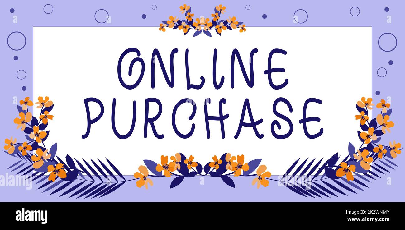 Inspiration mit Schild „Online-Kauf“. Mit Konzeptfotos können Sie elektronische Handelswaren über das Internet erwerben. Der Rahmen ist mit farbenfrohen Blumen und Blattwerk geschmückt, die harmonisch angeordnet sind. Stockfoto