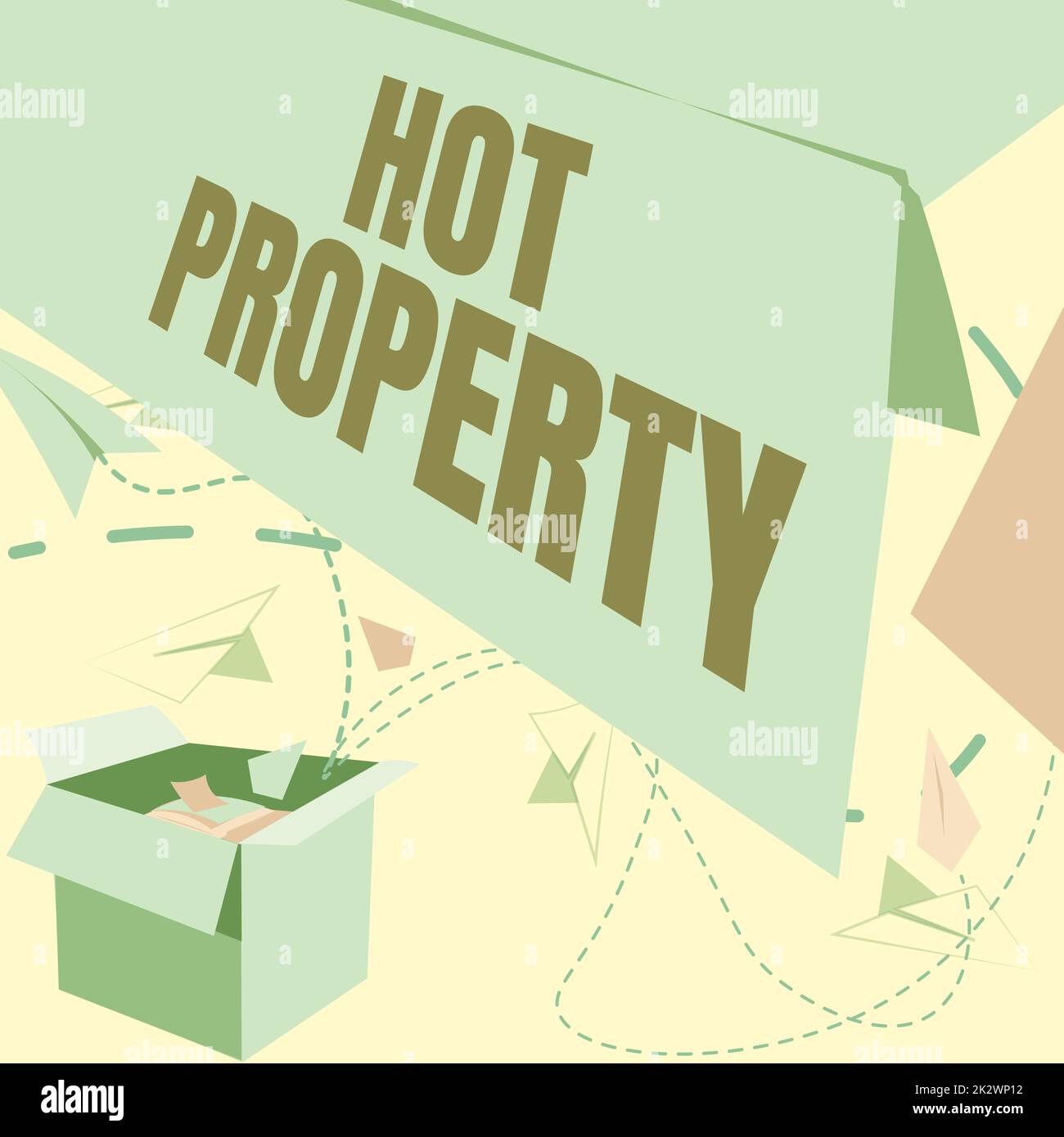 Inspiration mit Schild „Hot Property“. Geschäftsübersicht etwas, das begehrt wird oder stark begehrt wird Open Box mit Flying Paper Flugzeugen präsentieren neue freie Ideen Stockfoto