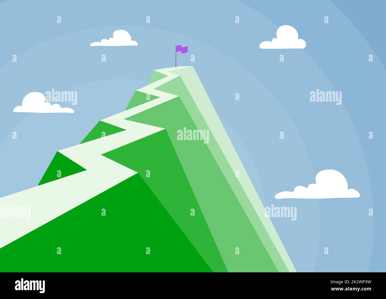 Der Berg zeigt eine hohe Straße, die das Erreichen von Zielen symbolisiert. Tall Hill präsentiert Flagge, die kreative Projekte verwirklichen Pläne Erfolg erreichen definiert. Stockfoto