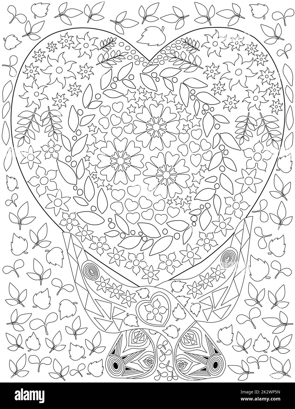 Abstrakte Vektorlinien zeichnen Tätowierung stilisierte Hände mit Herzmuster dekoriert Blumenmuster. Digital lineart Bild vereinfachter Handflächen mit darin wachsenden Liebesblumen. Stockfoto