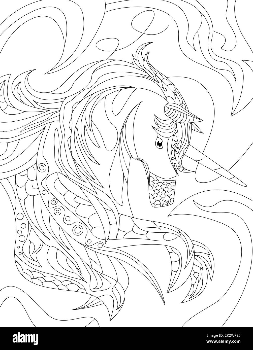 Abstrakte Vektorlinien zeichnen stilisiertes Einhorn dekorierte raffinierte Muster Mähne. Digital lineart Image Pferd hinterlässt Dekorationsfell. Skizzieren Sie Kunstwerke mit Tiermotiven. Stockfoto