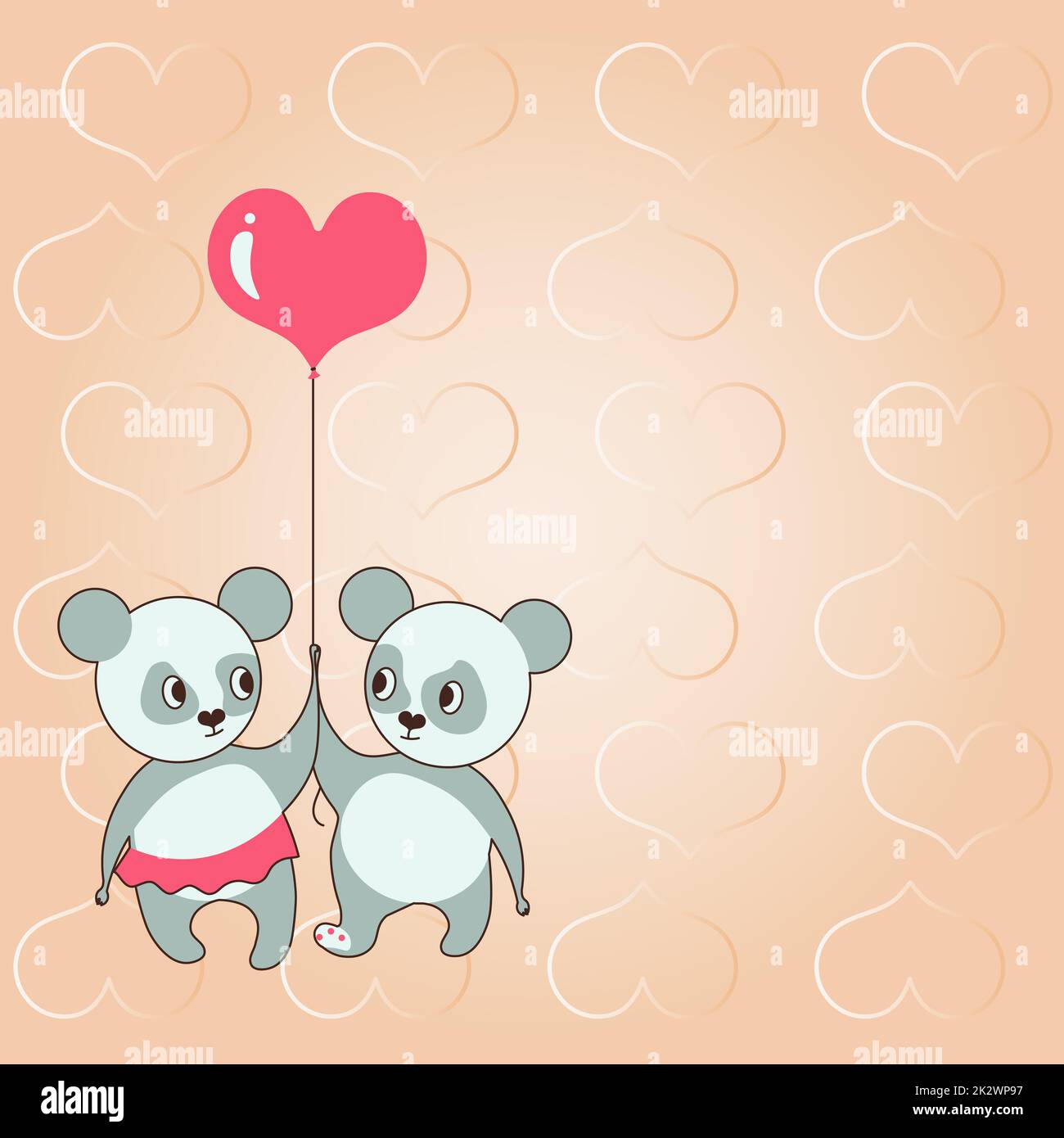 Zwei Bären, die einen herzförmigen Ballon halten, mit Herzen im Hintergrund zeigen Liebe und Harmonie. Teddybär repräsentiert leidenschaftliches Paar mit Liebeszielen. Stockfoto