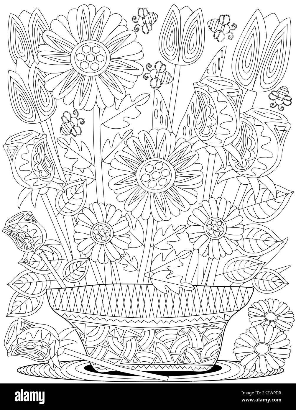 Vektorlinie, die aufwändige Blumentopf-Sonnenblumen zeichnet. Digitale lineart-Vase Tulpen schmücken den Teppich. Umreißen Sie Kunstwerke Design Blumen Laub Pflanzen Stand. Stockfoto