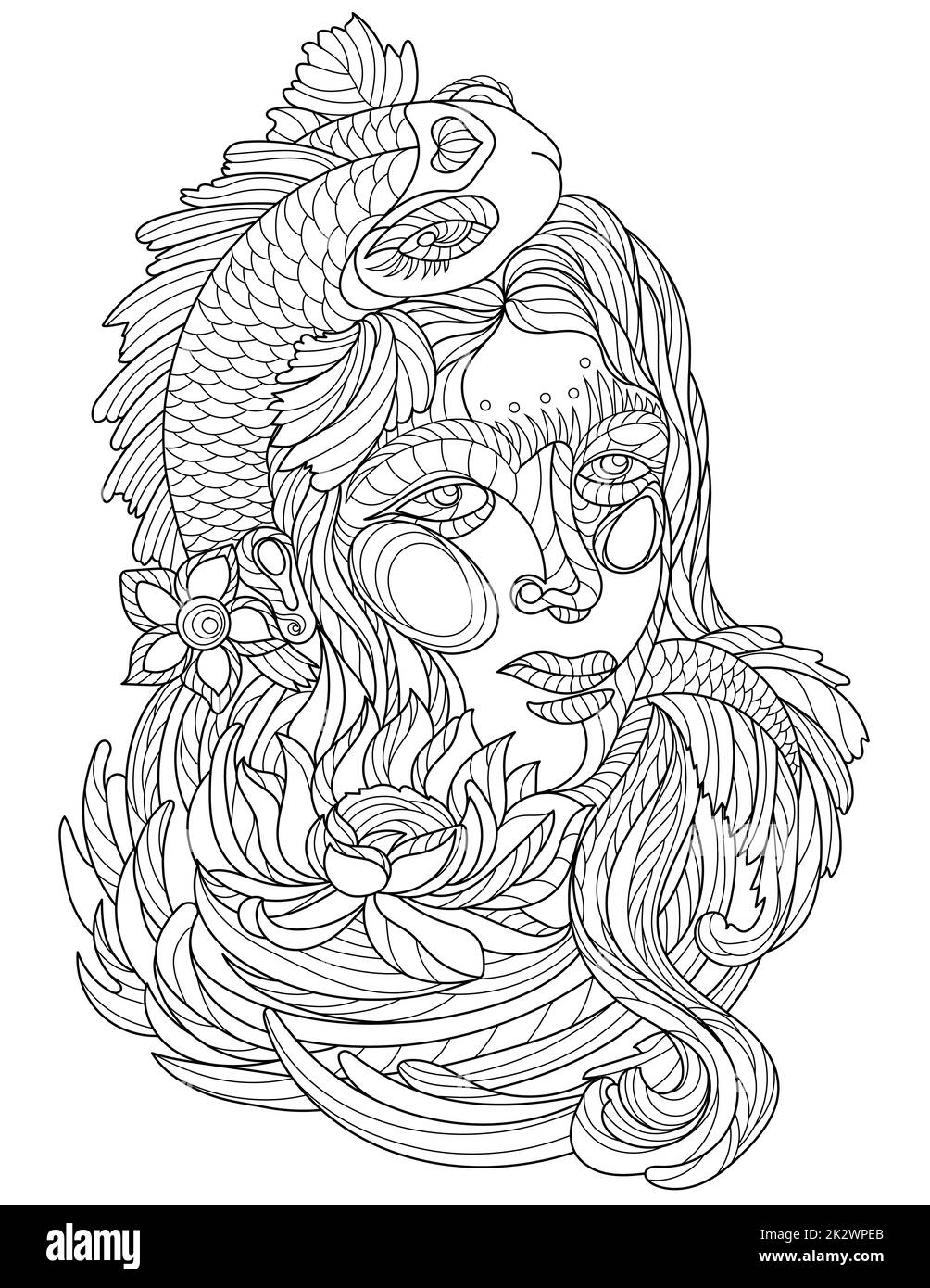 Vektorlinie, die die Blumenkrone eines Mädchens zeichnet, fließendes Haar. Digital lineart Image Woman Blumenmotiv Meeresdekoration Haarschnitt. Skizzieren Sie Kunstwerke Design Lady Laub schmückt den Kopf. Stockfoto
