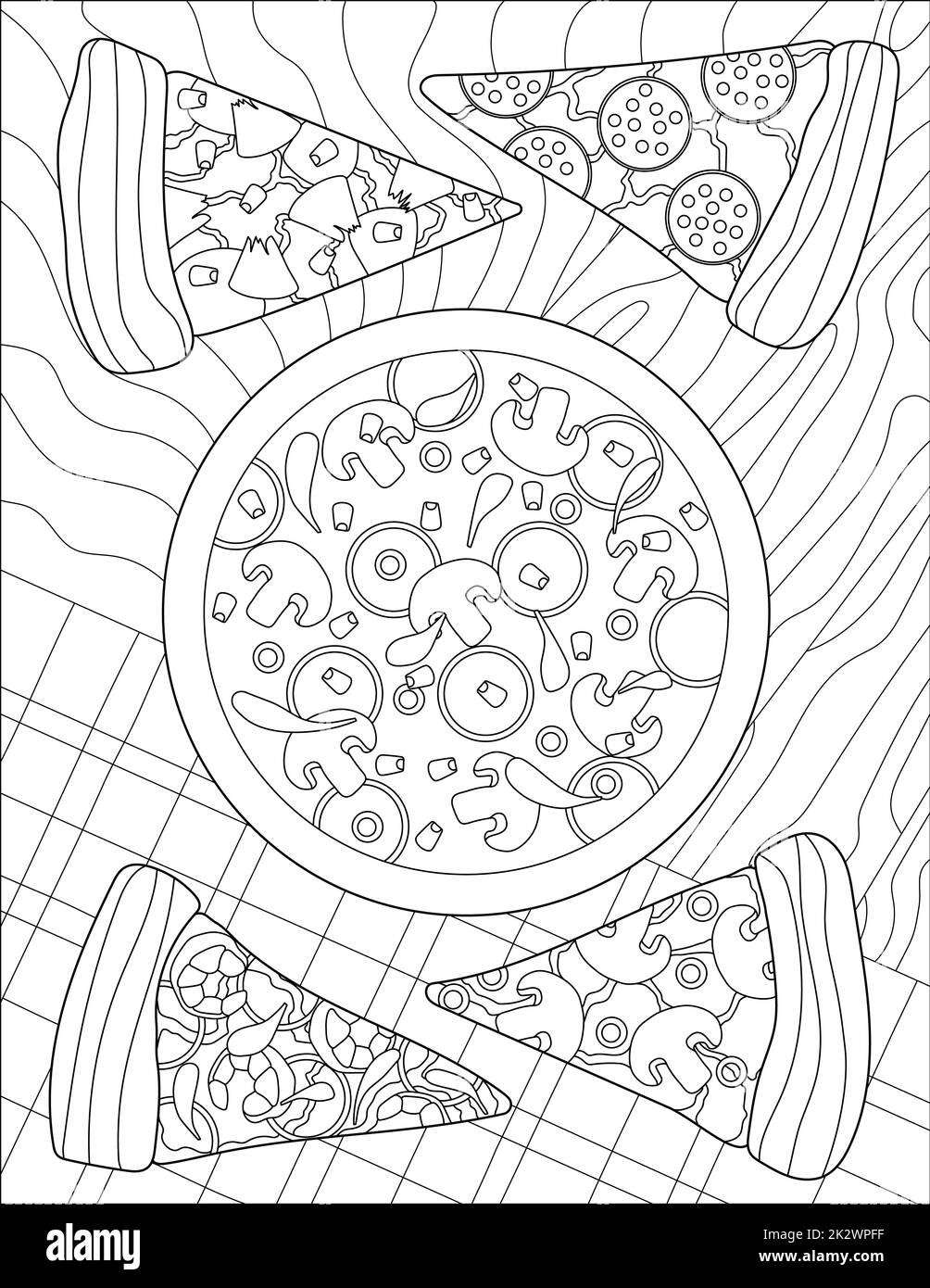 Vektorlinie, die große Pizza mit vier Scheiben an einem Tisch zeichnet. Digital lineart Image – leckere Kuchenmahlzeit mit gemusterter Holztheke. Kunstvoll gestaltete Dinner-Serviette. Stockfoto