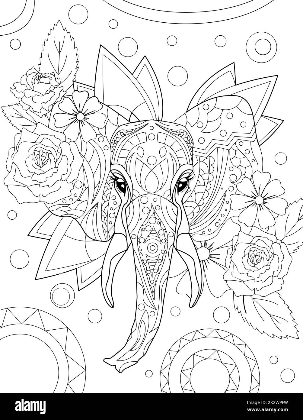 Abstrakte Vektorlinien zeichnen stilisierte Elefanten aufwendige Muster Blumendekorationen. Digital lineart Bild Tierdekorierte Blumen kreisförmige Hintergrundstruktur. Stockfoto