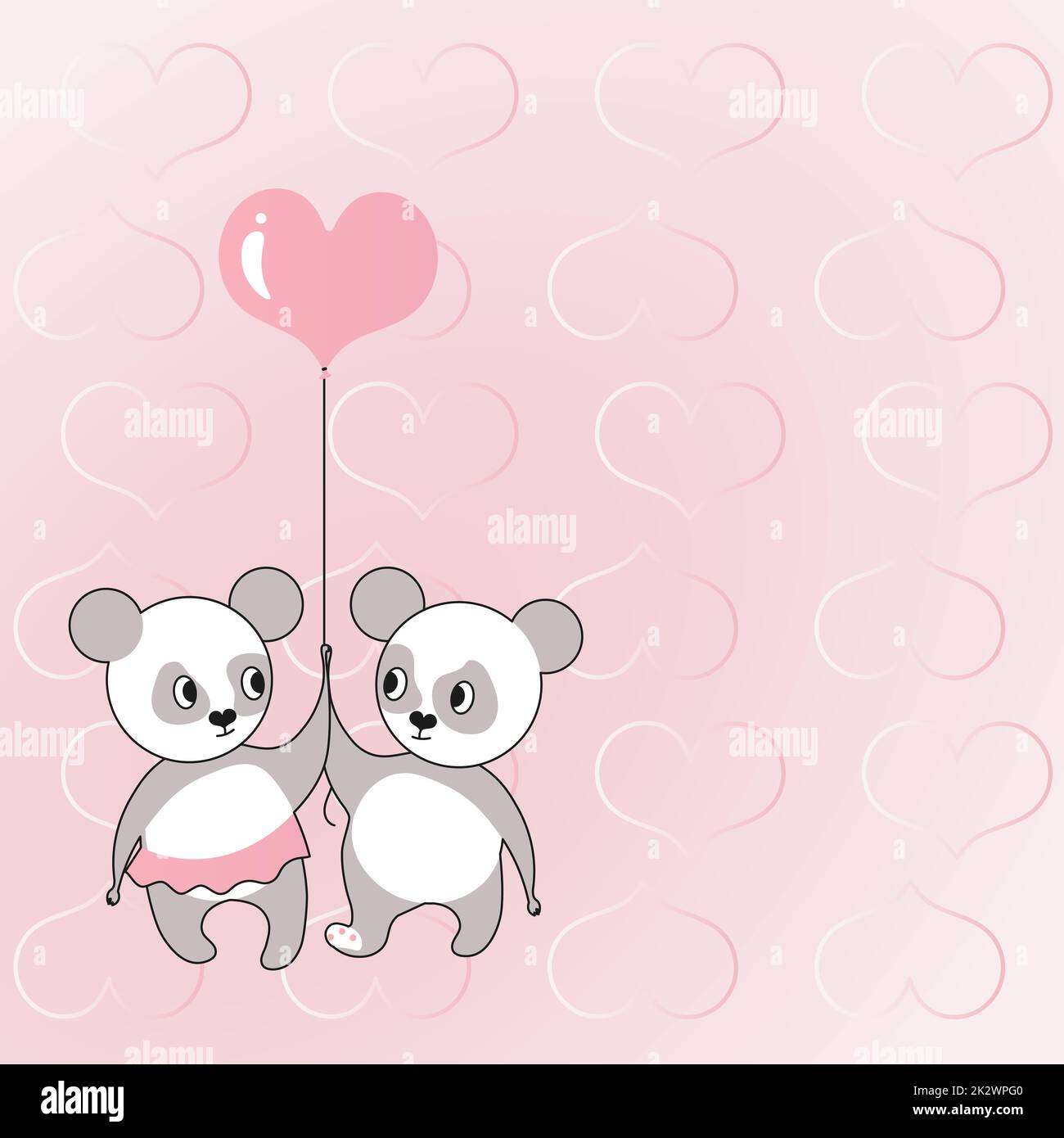 Zwei Bären, die einen herzförmigen Ballon halten, mit Herzen im Hintergrund zeigen Liebe und Harmonie. Teddybär repräsentiert leidenschaftliches Paar mit Liebeszielen. Stockfoto