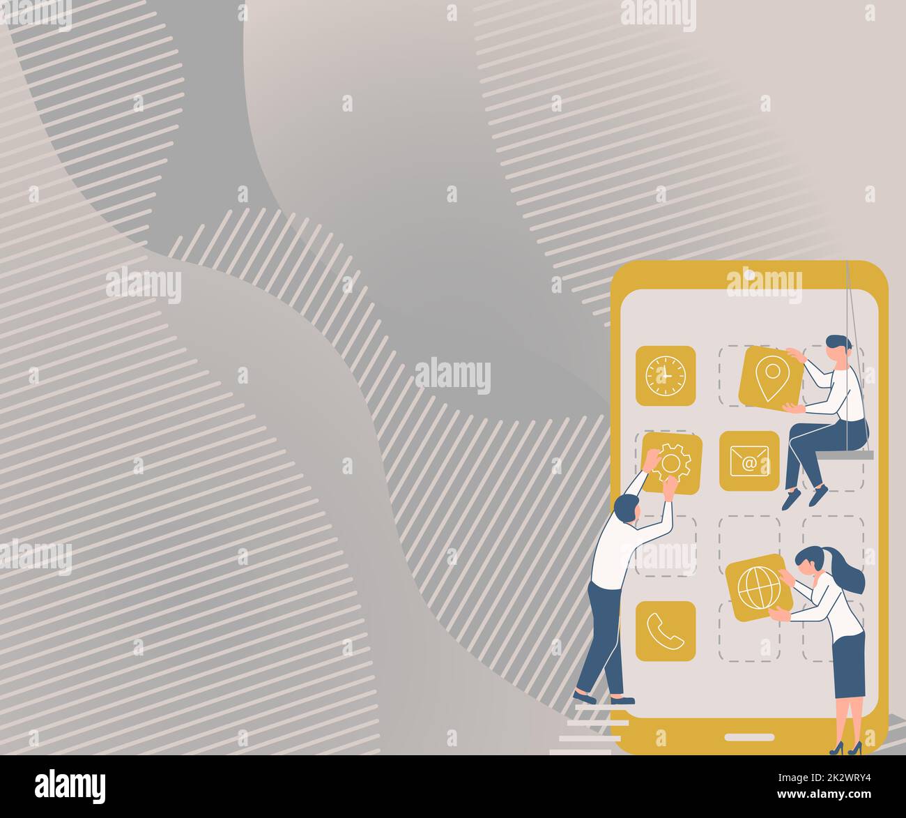Drei Kollegen mit S Decorating Mobile Application definieren Teamwork. Partner Mit Symbolen, Die Telefonfunktionen Aufbauen, Die Gemeinsame Anstrengungen Darstellen. Stockfoto
