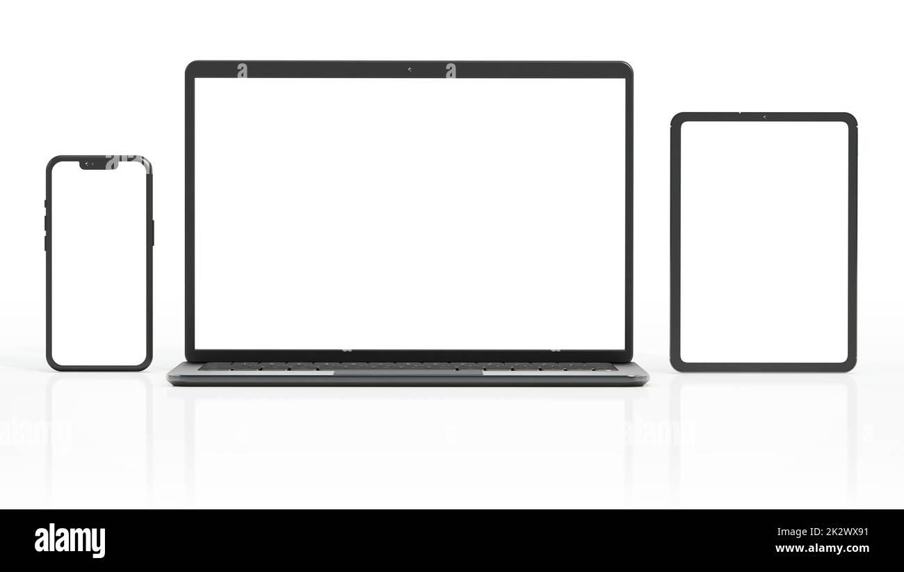 Laptop, Smartphone und Tablet-pc isoliert auf weißem Hintergrund. 3D Abbildung Stockfoto