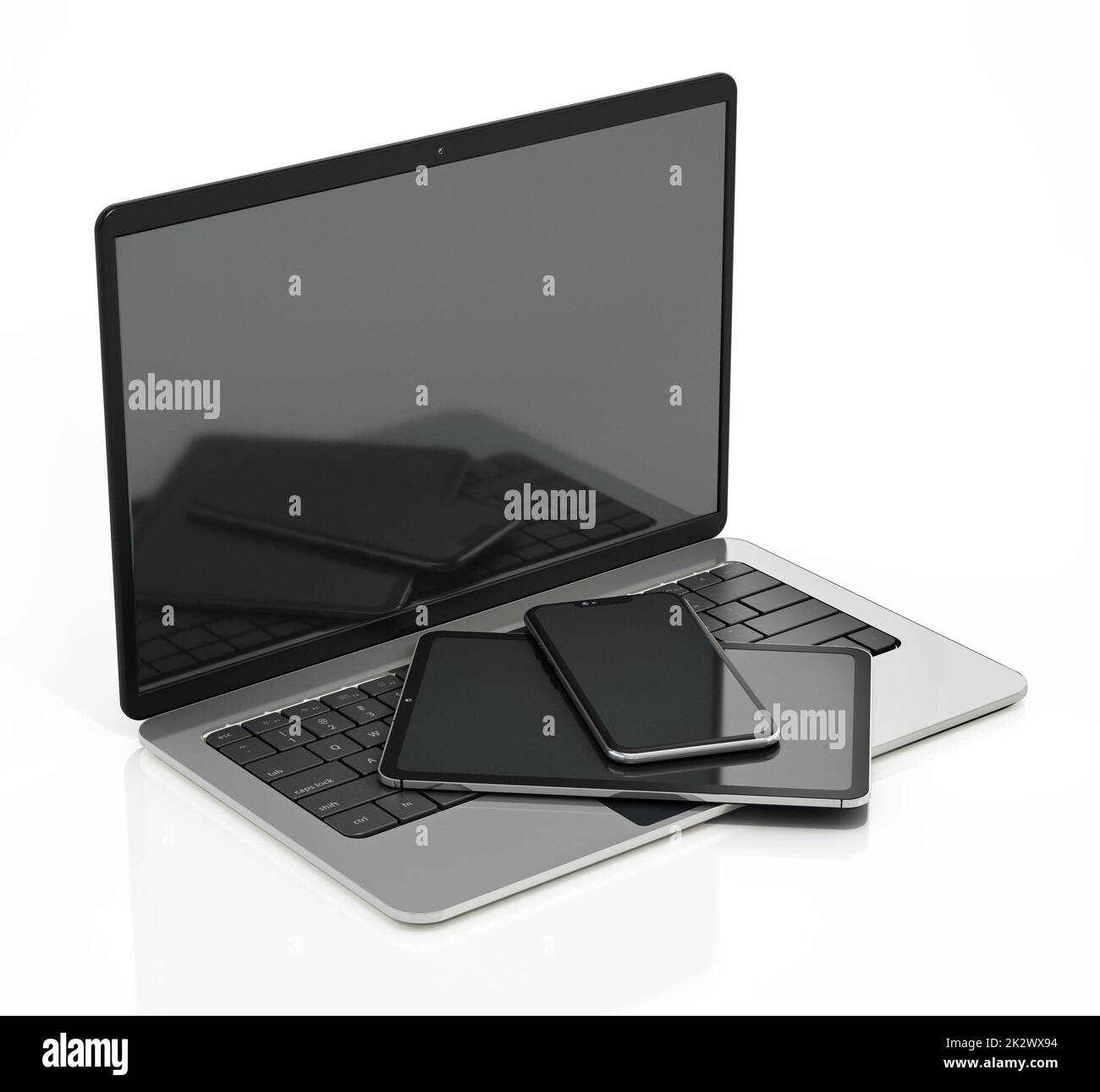 Laptop, Smartphone und Tablet-pc isoliert auf weißem Hintergrund. 3D Abbildung Stockfoto