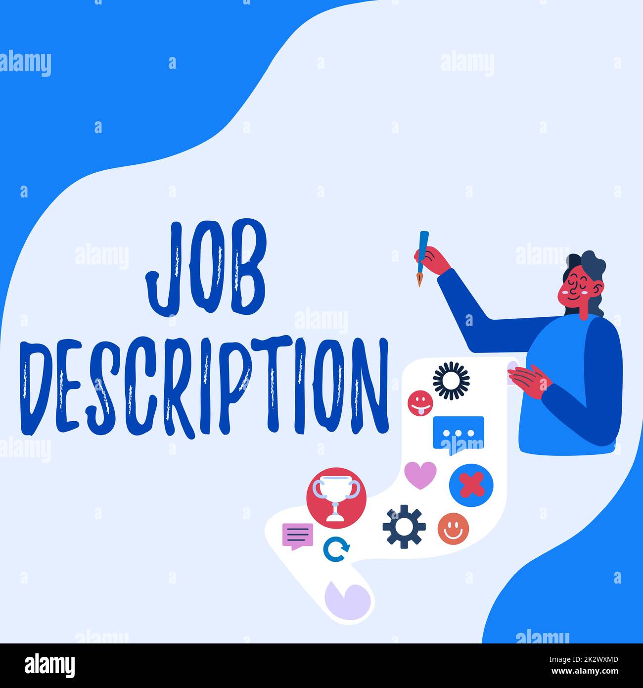 Inspiration mit „Arbeitsbeschreibung signieren“. Geschäftsidee Ein Dokument, in dem die Verantwortlichkeiten einer Frau beschrieben werden, die Papier präsentiert, in dem ihre Erfolge gezeigt werden Projektideen. Stockfoto