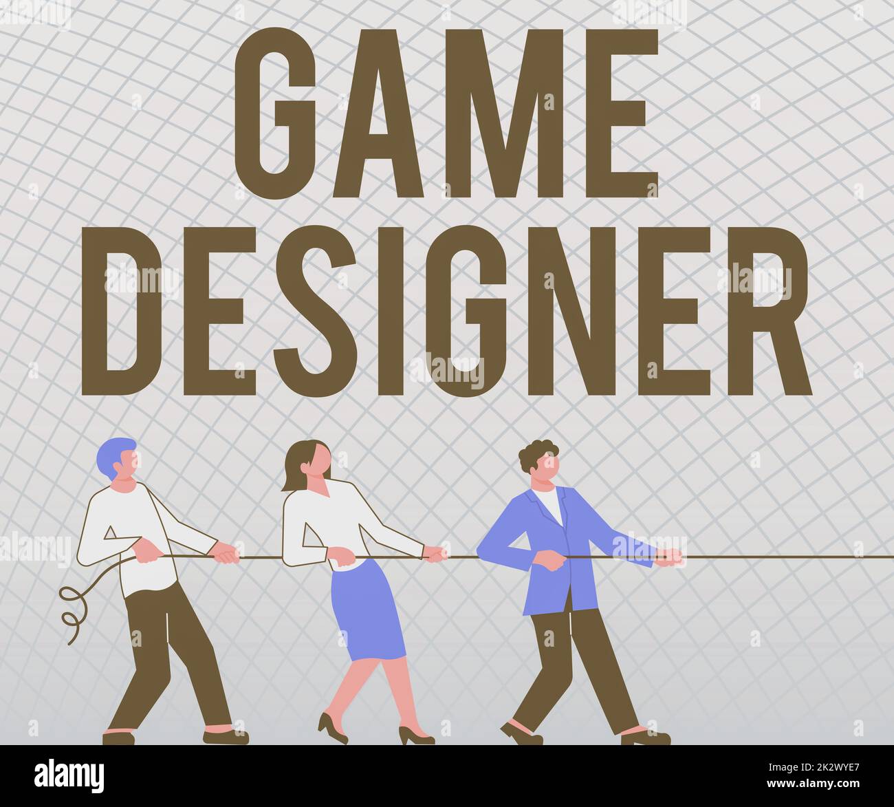 Konzeptionelle Darstellung Game Designer. Business Showcase Campaigner Pixel Scripting Programmierer Konsolen 3D Grafiken drei Kollegen, die Rope zusammenführen und Erfolgspläne für Teamwork präsentieren. Stockfoto