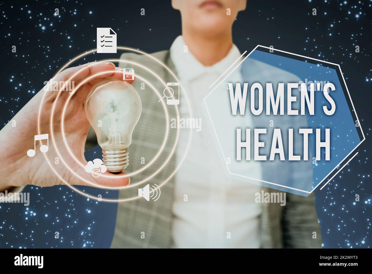 Text Caption Presenting Women S Health. Geschäftskonzept Frauen ist körperliche Gesundheit Folge Vermeidung von Krankheit Lady im Anzug hält Glühbirne für innovatives Denken. Stockfoto