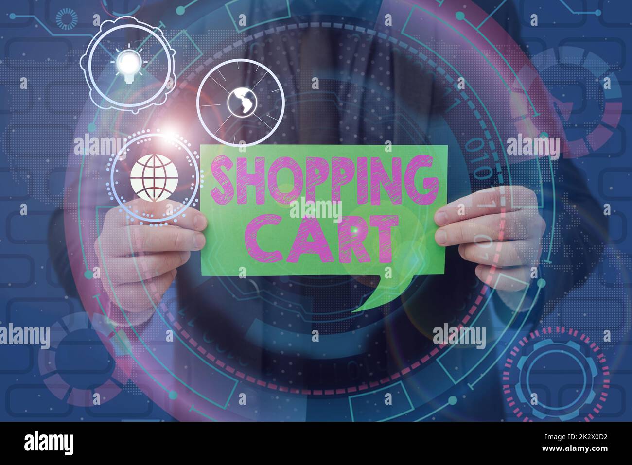 Textbeschriftung mit Warenkorb. Business-Idea-Case-Transportwagen für Lebensmittel und Handelswaren Geschäftsmann im Anzug hält Papier, das innovatives Denken repräsentiert. Stockfoto