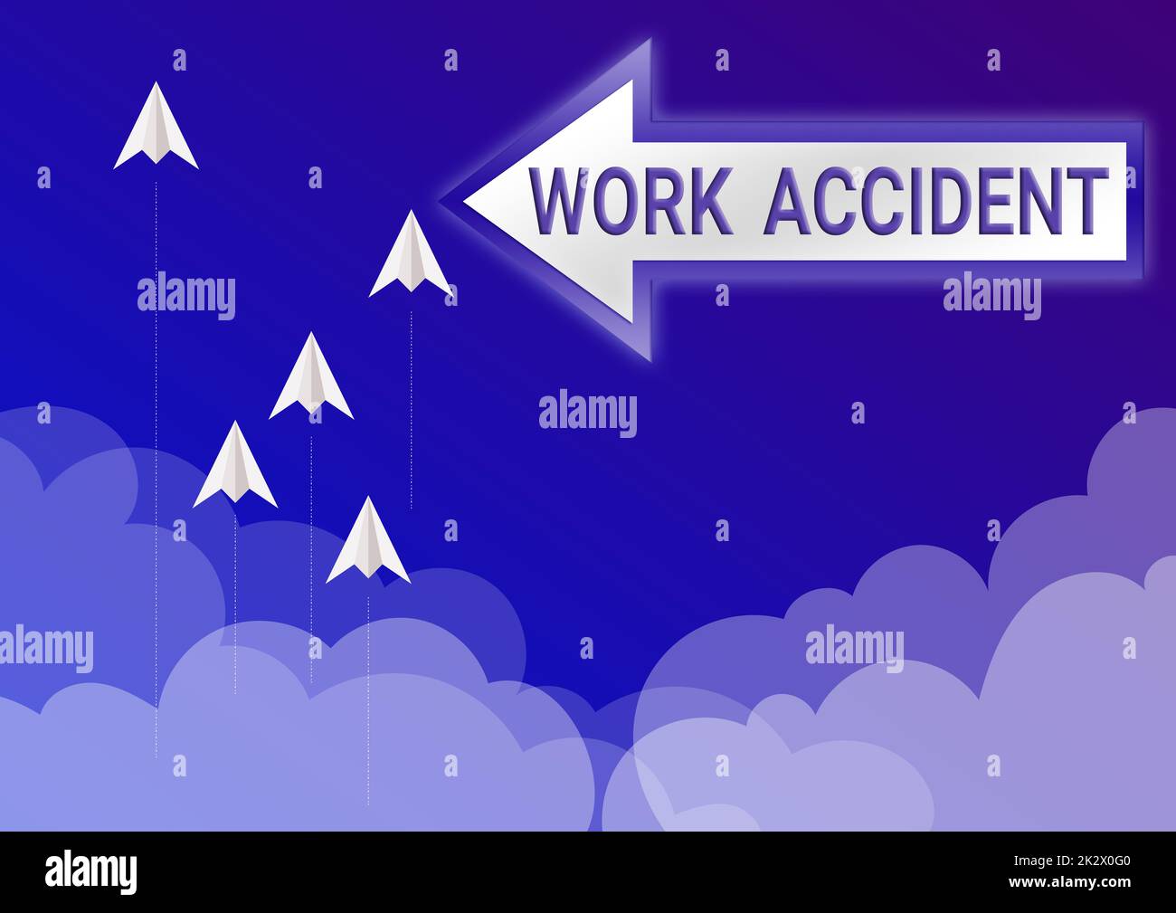 Handgeschriebenes Schild Arbeitsunfall. Ein Wort für einen Fehler hat sich am Arbeitsplatz verletzt fünf Papierflugzeuge fliegen den Himmel hinauf, umgeben von Wolken, um Ziele zu erreichen. Stockfoto