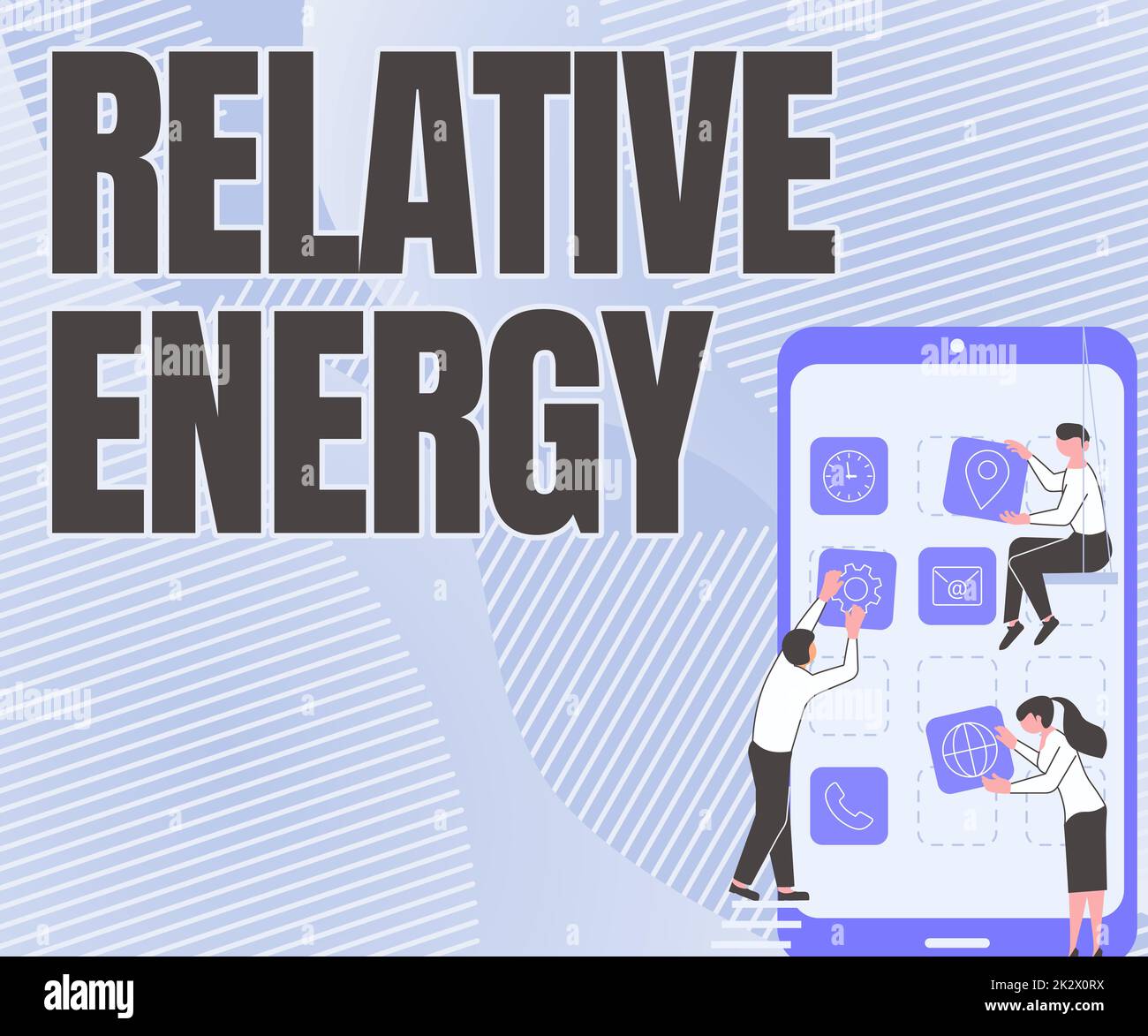 Das Schild zeigt relative Energie an. Quantitative Eigenschaft des Internetkonzepts, die auf ein Objekt übertragen werden muss, das drei Kollegen mit der S Decorating Mobile Application führen. Stockfoto