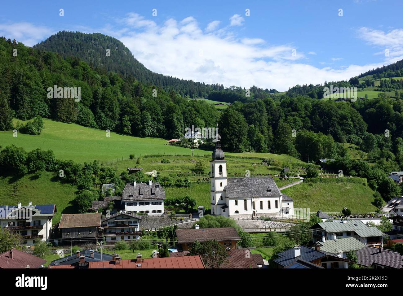 Deutschland, Bayern, Landkreis Berchtesgaden, Berchtesgadener Alpen, Ramsau, Kirche St. Sebastian, Nationalpark, Landschaft Stockfoto
