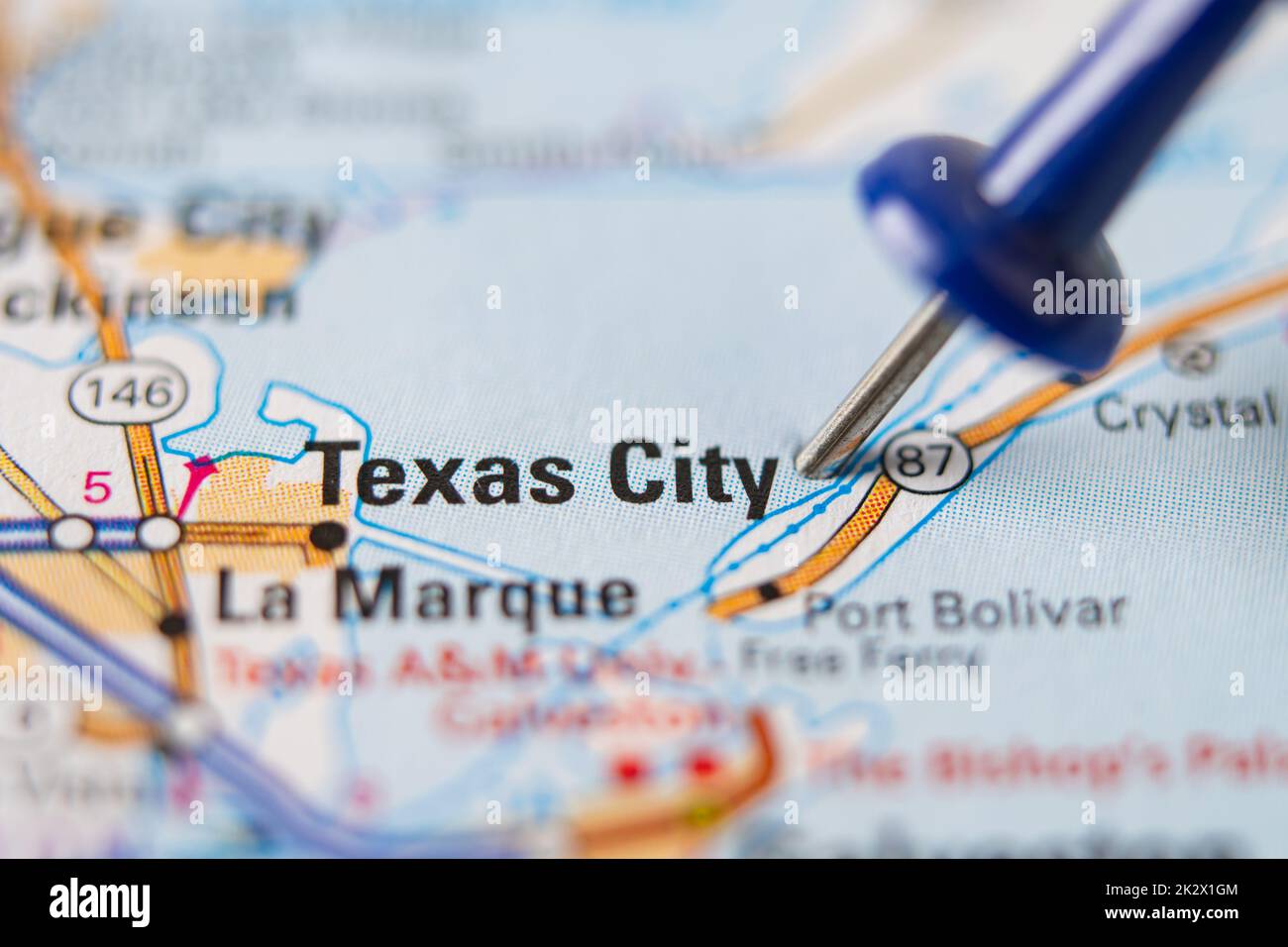 Bangkok, Thailand - 20. Januar 2022 Texas City, Illinois Straßenkarte mit roter Stecknadel, Stadt in den Vereinigten Staaten von Amerika USA. Stockfoto