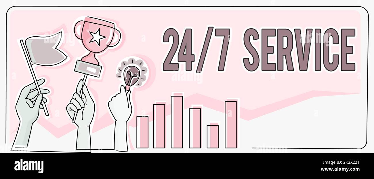 Schild mit der Anzeige 24 oder 7 Service. Geschäftsideen sind immer verfügbar, um Läufe kontinuierlich und ohne Unterbrechung zu bedienen Hände halten Flaggenziele, Lamp Ideas Trophy feiert Erfolgsgrafiken Stockfoto