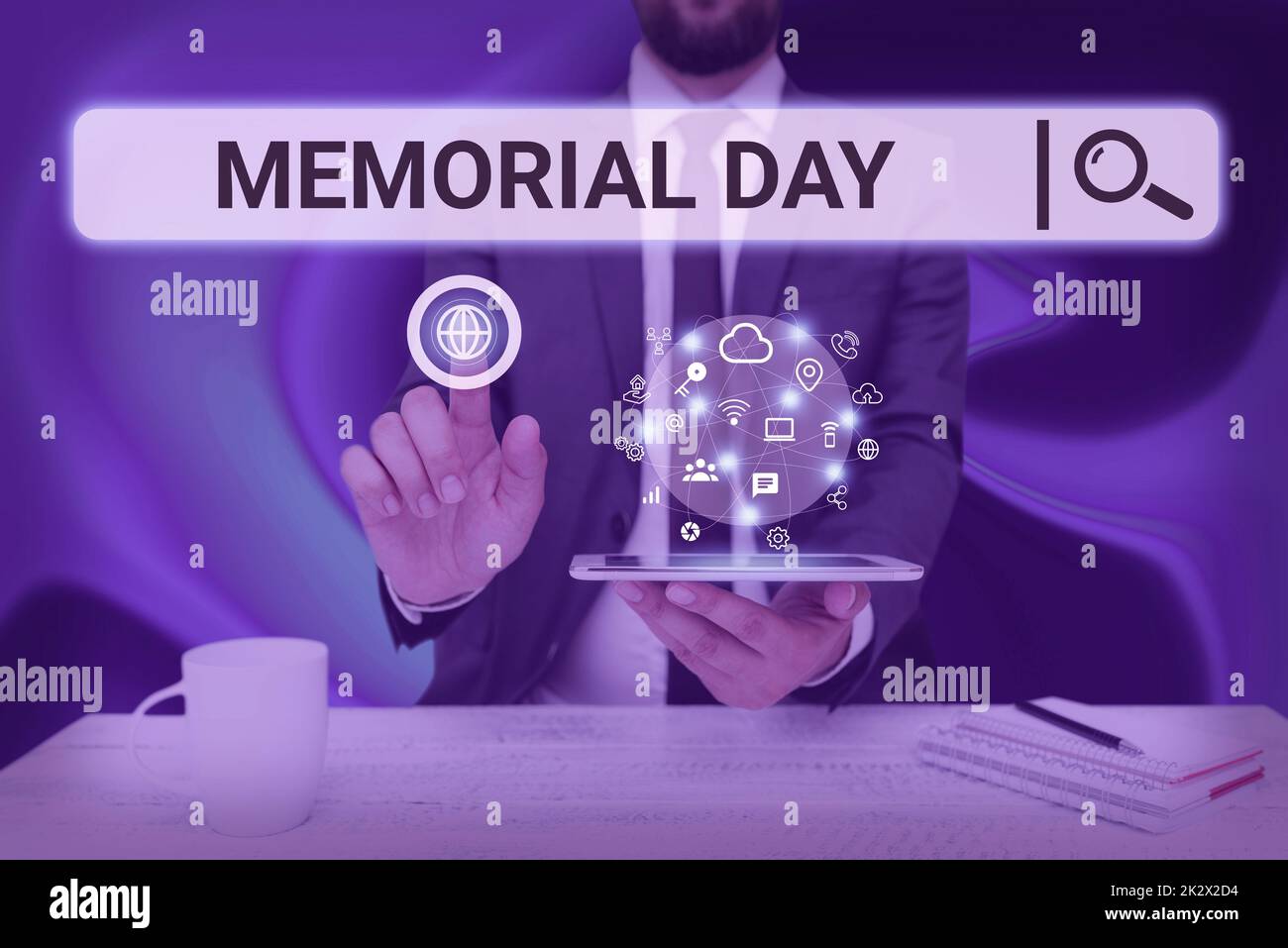 Hinweisschild für Memorial Day. Ein Wort, das geschrieben wurde, um diejenigen zu ehren und zu erinnern, die im Militärdienst starben, Mann, der den Bildschirm des Mobiltelefons hält, der die futuristische Technologie zeigt. Stockfoto