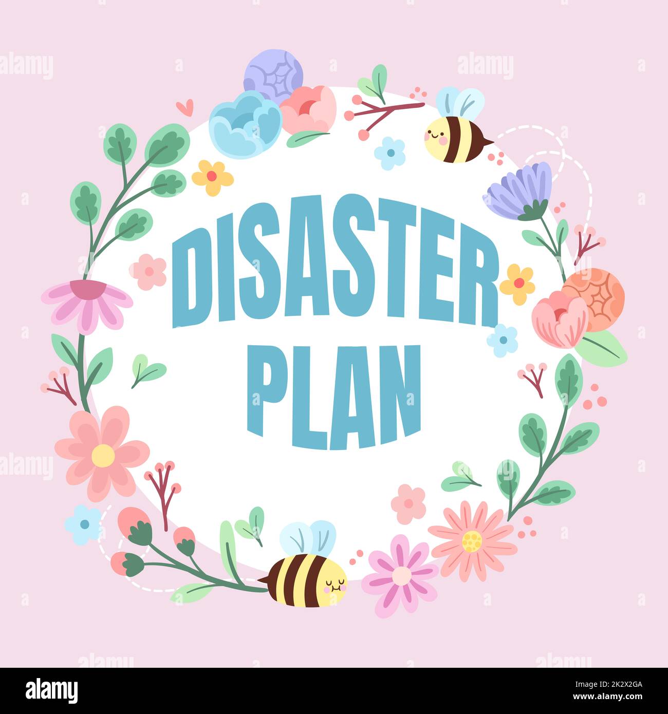 Konzeptionelle Darstellung des Katastrophenplans. Internetkonzept Reagieren auf Notfallvorsorge Überleben und erste-Hilfe-Kasten Rahmen dekoriert mit bunten Blumen und Laub harmonisch angeordnet. Stockfoto