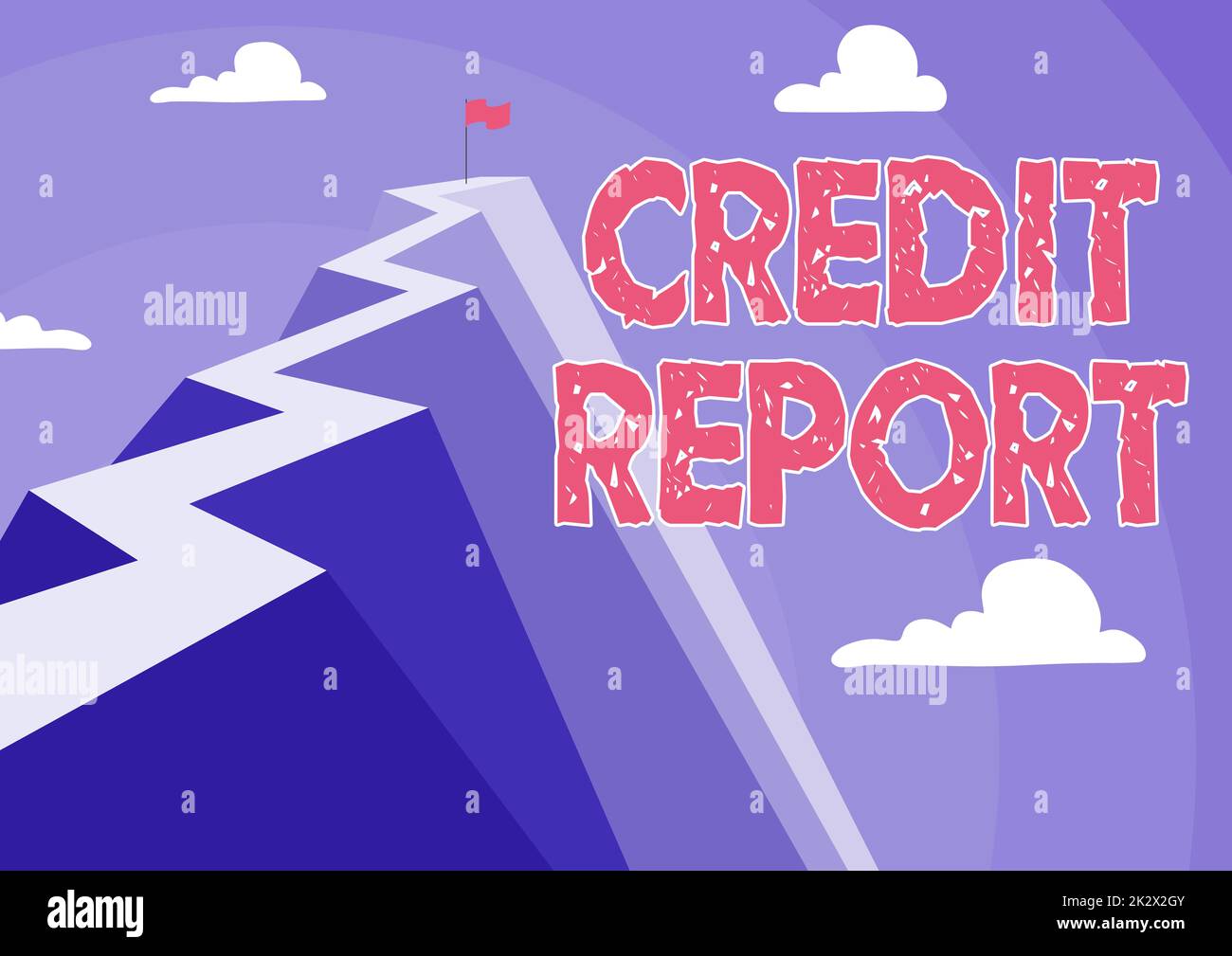 Bericht „Gutschrift“ wird angezeigt. Business Idea Borrowing Rap Sheet Bill and Dues Payment Score Debt History Mountain zeigt einen hohen Weg, der das Erreichen von Zielen symbolisiert. Stockfoto