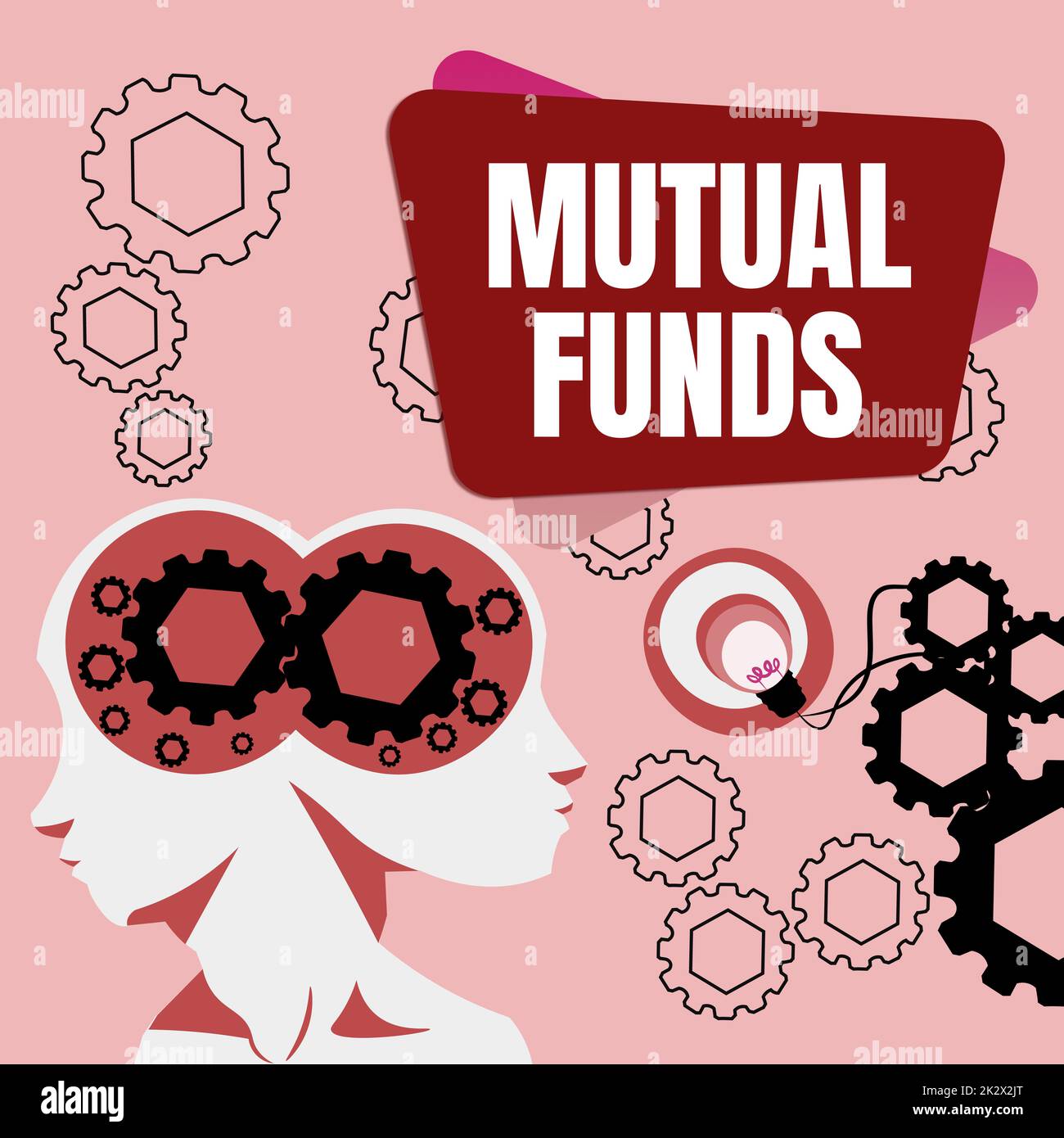 Inspiration mit „Sign Mutual Funds“. Wort für ein Investitionsprogramm, das von Aktionären finanziert wird. Einzelaktien. Zwei Köpfe mit COGS zeigen Technologieideen. Stockfoto
