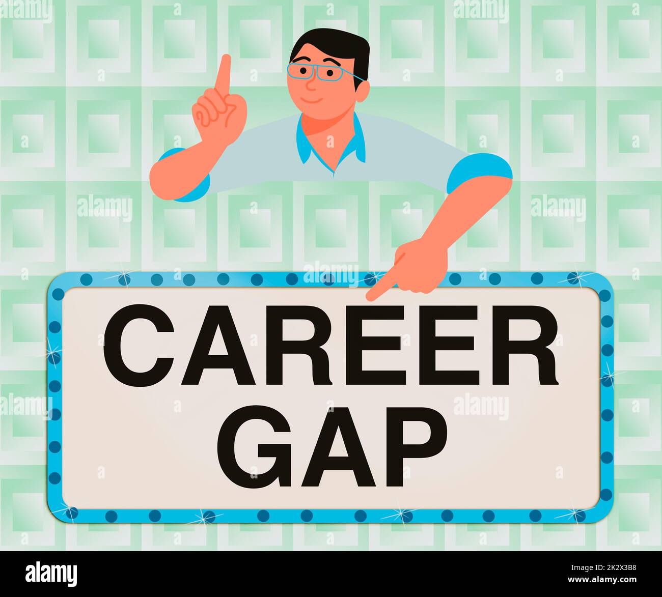 Inspiration mit dem Zeichen „Career Gap“. Ein Wort für Eine Szene, in der Sie eine Weile nicht mehr bei Ihrem Beruf arbeiten, Gentleman Pointing Finger Board präsentiert die neuesten Projektideen. Stockfoto