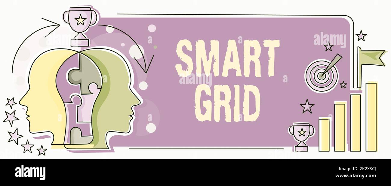 Inspiration mit Schild „Smart Grid“. Das Konzeptfoto enthält Betriebs- und Energiemaßnahmen, einschließlich Meter zwei Köpfe verbundenes Puzzle, das die Lösung von Problemen und den Austausch von Erfolg zeigt Stockfoto
