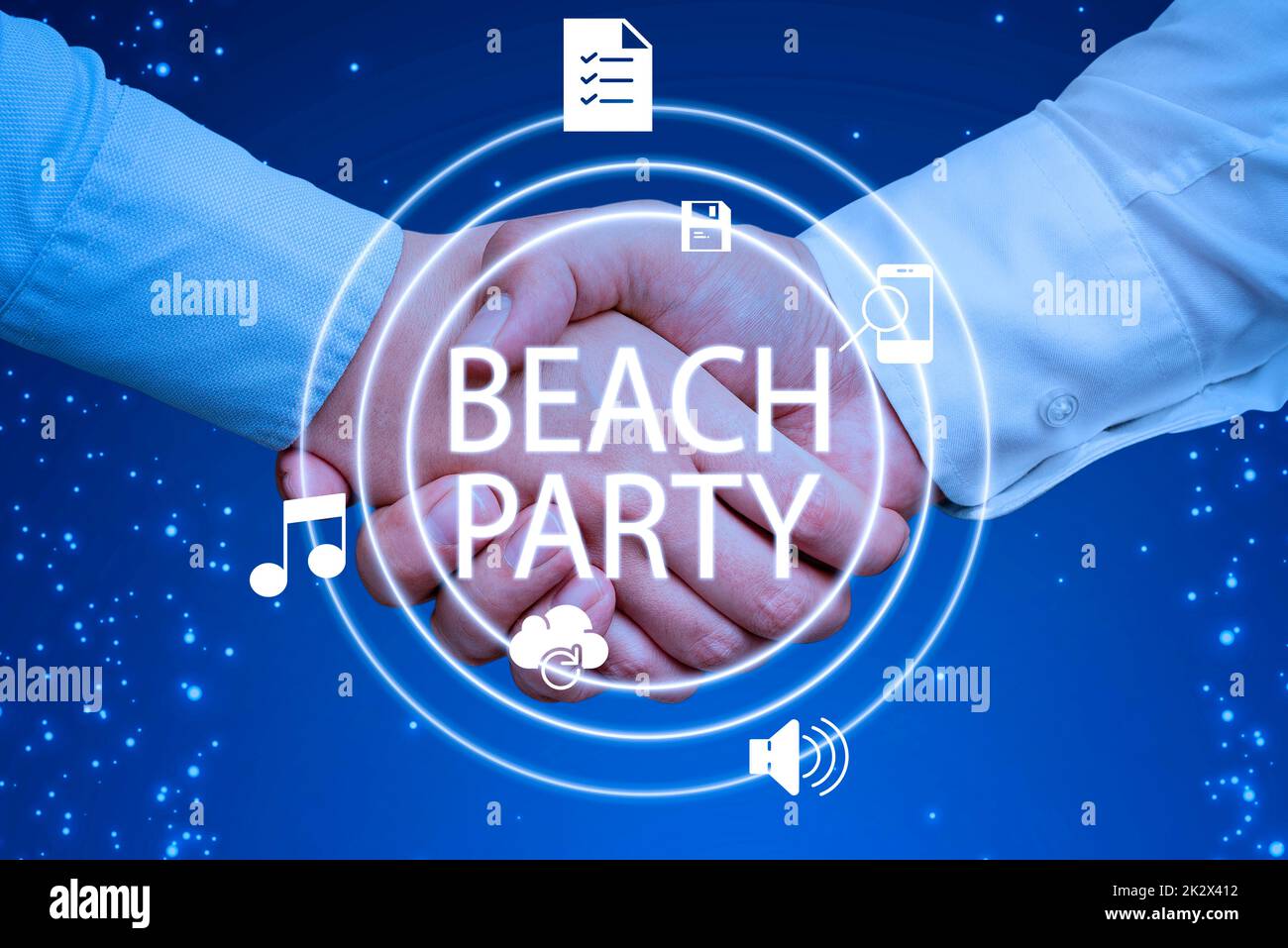 Handgeschriebener Text Beach Party. Ein Wort, das auf kleinen oder großen Festivals geschrieben wurde, die an der Küste stattfinden und in der Regel die Hände der Bikinizone zittern. Es präsentiert innovative Planungsideen, die Teamarbeit symbolisieren. Stockfoto