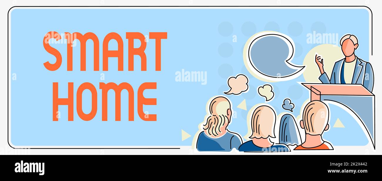 Textzeichen mit Smart Home. Geschäftsübersicht Automatisierungssystem Steuerung Beleuchtung Klima Unterhaltungssysteme Person hält Präsentation mit den neuesten Projektstrategien. Stockfoto