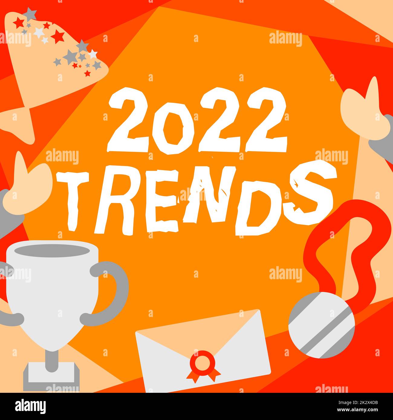 Textzeichen mit 2022 Trends. Ein Wort für Dinge, die im laufenden Jahr für kurze Zeit berühmt sind Menschen, die ihren Erfolg bei der Präsentation von verdienten Trophäen-Medaillen gratulieren. Stockfoto