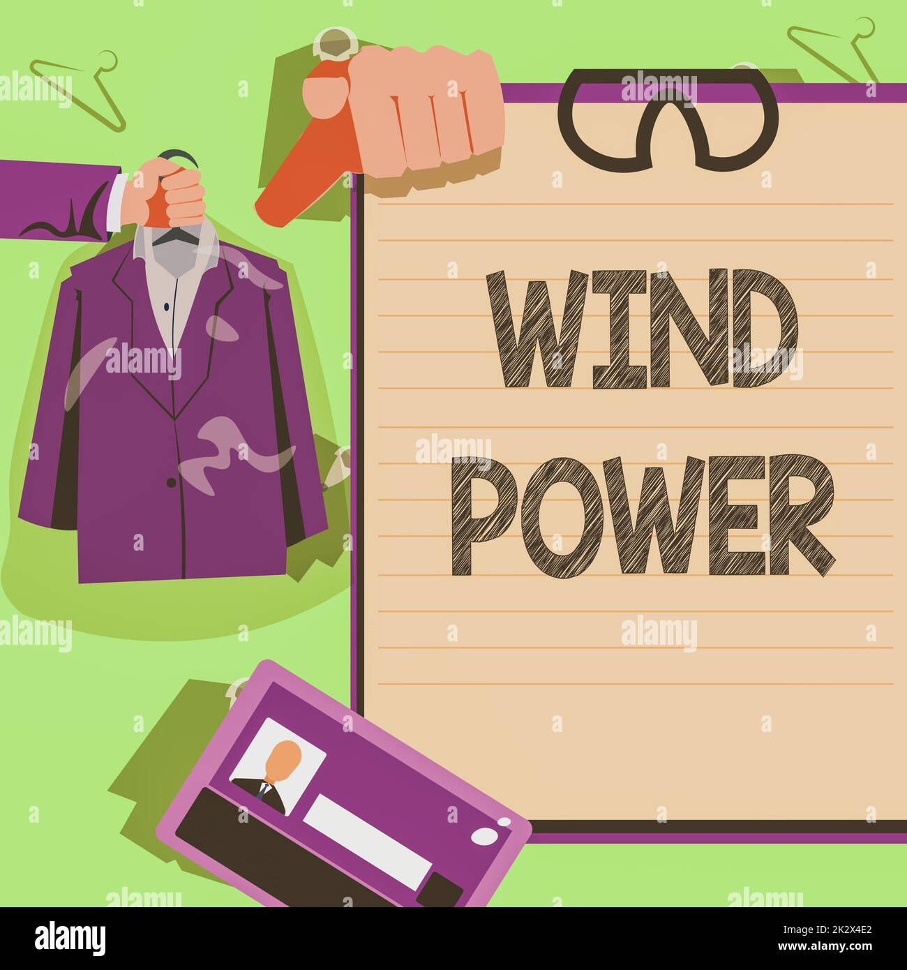 Handschriftlicher Text Wind Power. Ein Wort über die Verwendung von Luftströmungen, um die Generatoren mechanisch anzuregen. Hände halten Uniform und zeigen neue offene Karrierechancen. Stockfoto