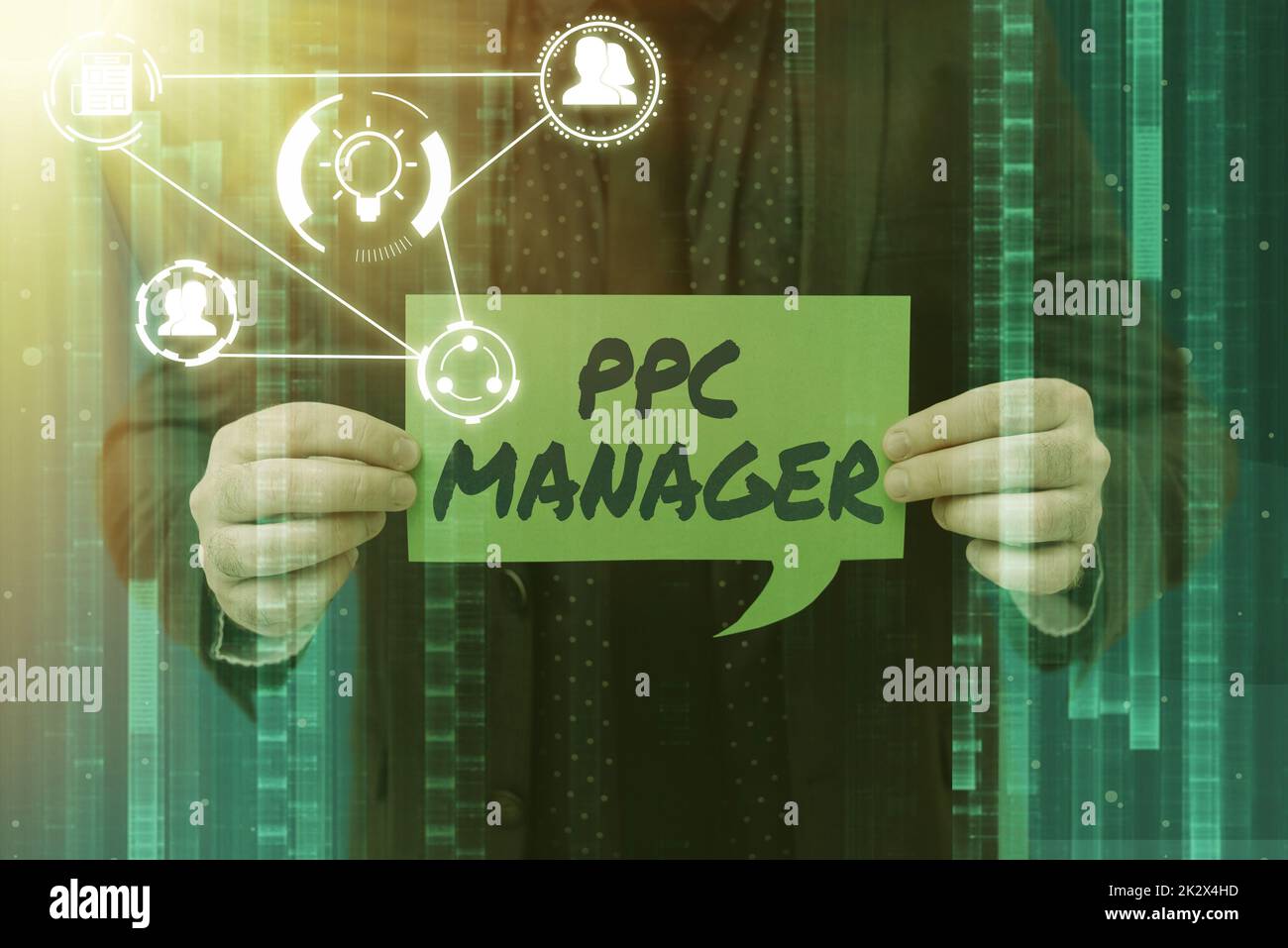 Textunterschrift, die den PPC-Manager darstellt. Business Showcase, bei dem Werbetreibende jedes Mal Gebühren zahlen, wenn eine ihrer Anzeigen angeklickt wird. Geschäftsmann im Anzug, der Papier hält, das innovatives Denken repräsentiert. Stockfoto