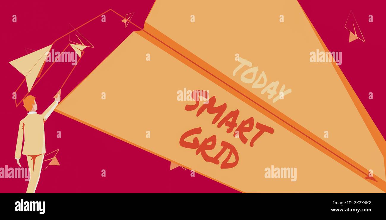 Handschriftlicher Text Smart Grid. Das Konzeptfoto enthält Betriebs- und Energiemaßnahmen, einschließlich Meter man fliegt ein Papierflugzeug, das innovative Pläne zum Erreichen von Zielen darstellt. Stockfoto
