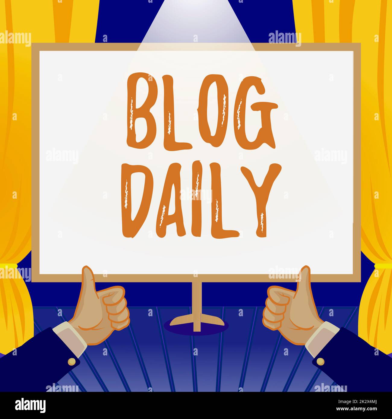 Konzeptionelle Darstellung Blog Daily. Geschäftsansatz tägliche Veröffentlichung von Veranstaltungen über das Internet oder über Medientools Hände Daumen hoch Neue Ideen zeigen. Handflächen Mit Notiz Zur Präsentation Von Plänen Stockfoto