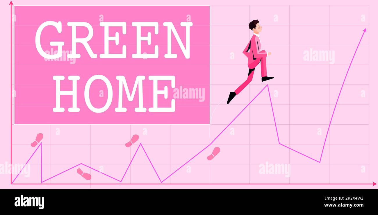 Schild mit grünem Zuhause. Konzeptfoto ein Bereich mit Pflanzen und Bäumen, in dem Sie sich entspannen können, Geschäftsmann, der nach oben klettert und den Projekterfolg darstellt. Stockfoto