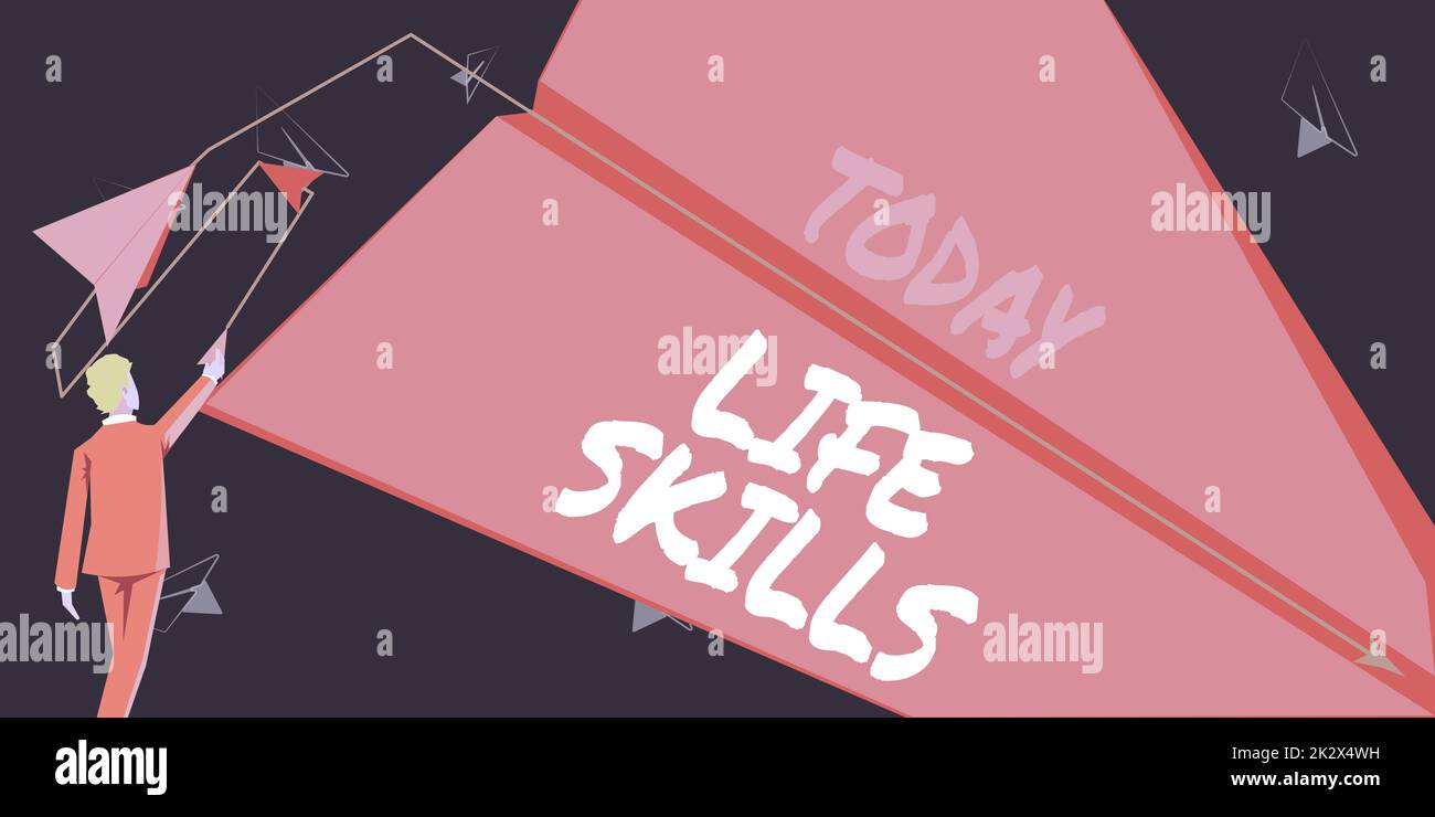 Handschrift Text Life Skills. Konzeptionelles Foto, das notwendig oder wünschenswert ist volle Teilnahme an Everyday man Flies Papierflugzeug repräsentiert innovative Pläne Ziele erreichen. Stockfoto