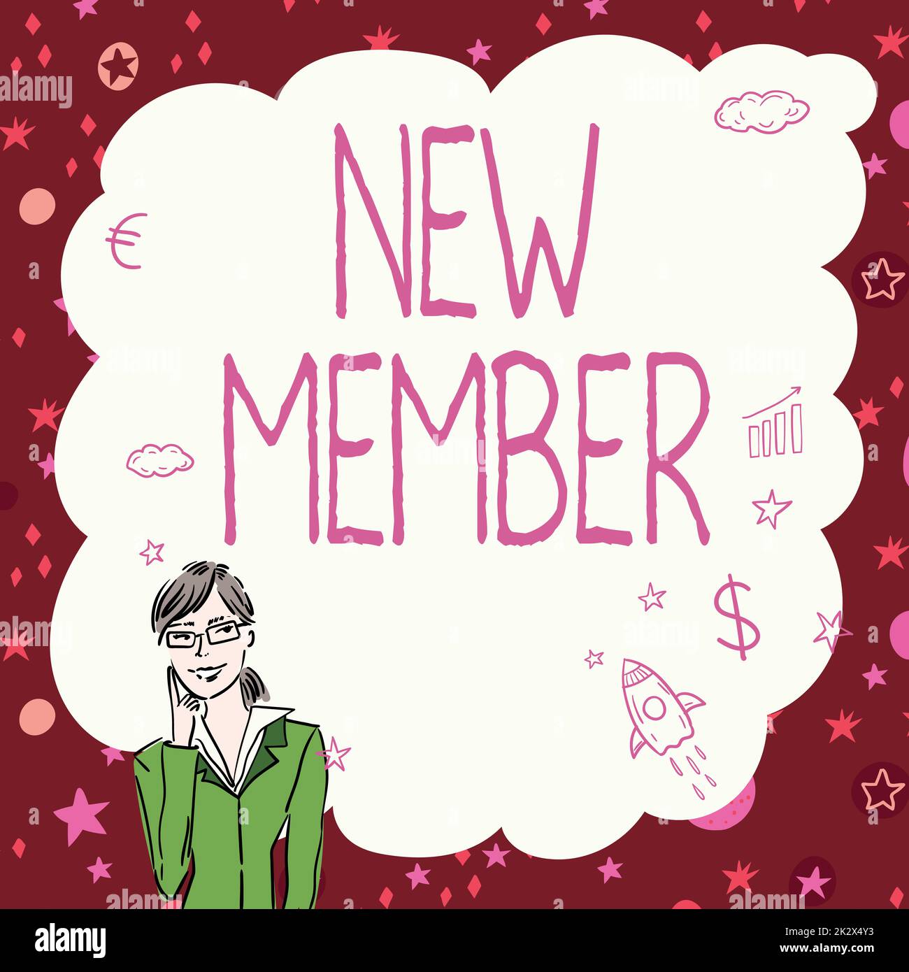 Konzeptioneller Titel Neues Element. Wort für die Rekrutierung eines Mitarbeiters für das Unternehmen oder Team Geburt eines frischen Kindes Illustration einer Frau, die tief allein denkt für neue fantastische taktische Ideen. Stockfoto